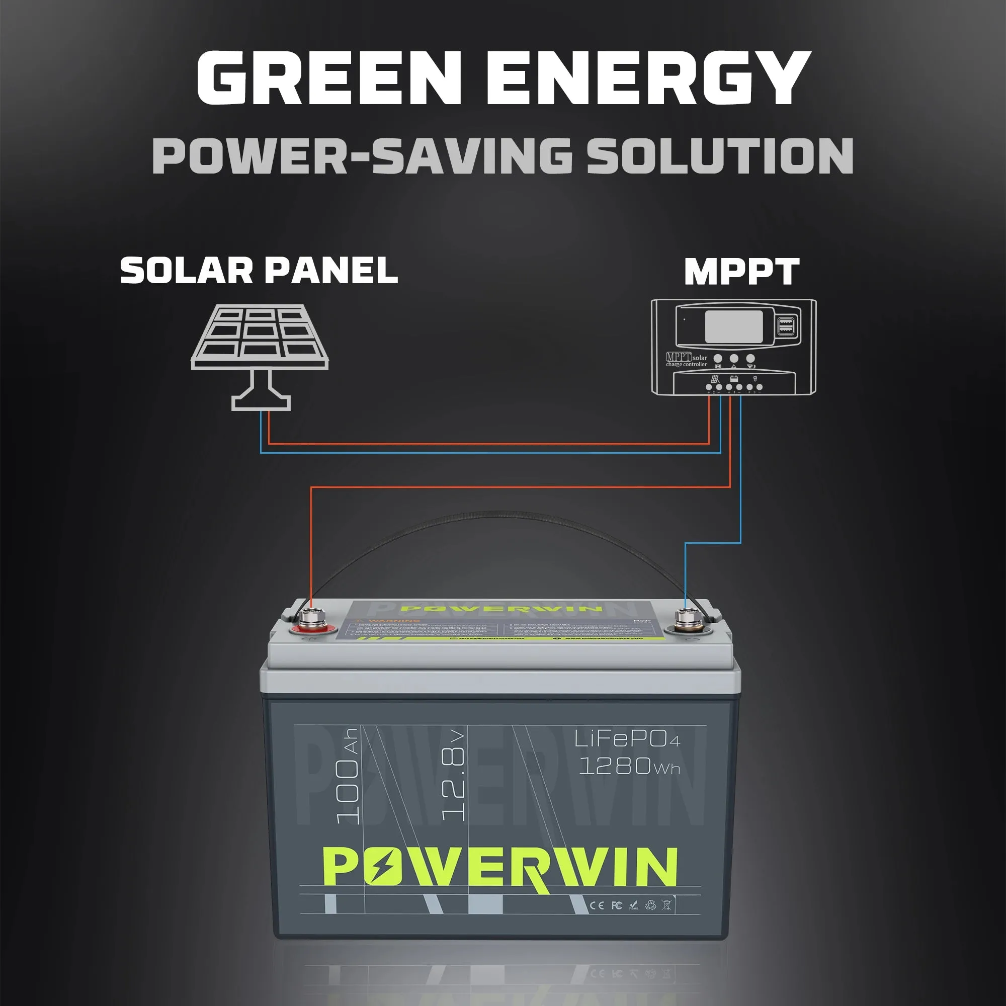 POWERWIN BT100 LiFePO4 Battery 12.8V 100Ah 1280Wh Built-in BMS Fish Radar Detector Solar Power 4000 Deep Cycle Off-grid Inverter - Free USA Shipment