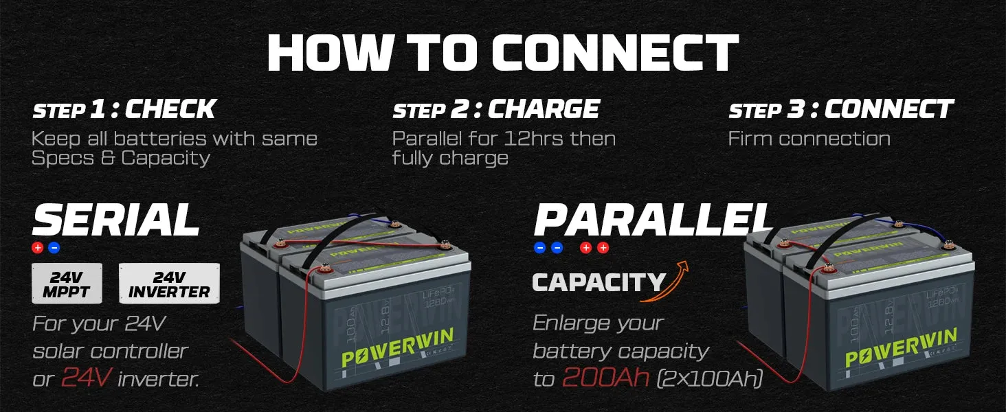 POWERWIN BT100 LiFePO4 Battery 12.8V 100Ah 1280Wh Built-in BMS Fish Radar Detector Solar Power 4000 Deep Cycle Off-grid Inverter - Free USA Shipment