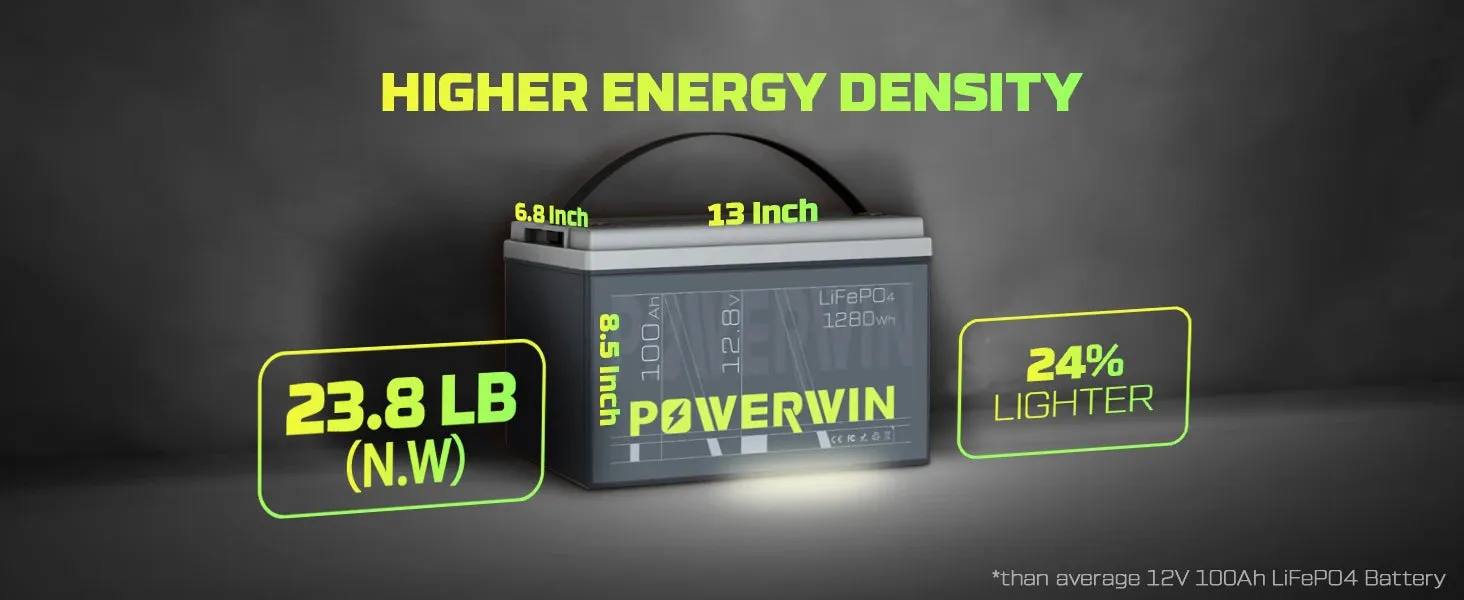 POWERWIN BT100 LiFePO4 Battery 12.8V 100Ah 1280Wh Built-in BMS Fish Radar Detector Solar Power 4000 Deep Cycle Off-grid Inverter - Free USA Shipment