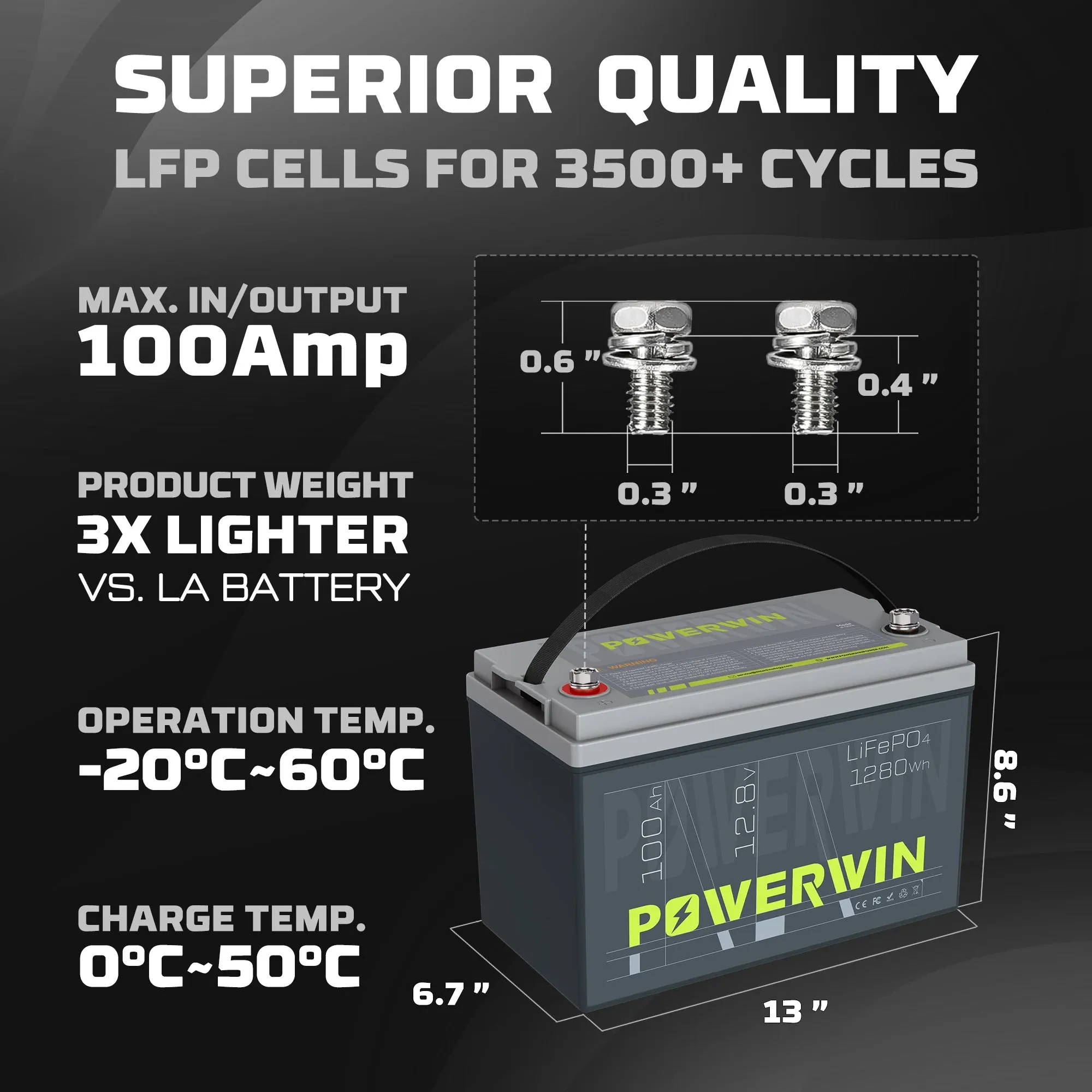 POWERWIN BT100 LiFePO4 Battery 12.8V 100Ah 1280Wh Built-in BMS Fish Radar Detector Solar Power 4000 Deep Cycle Off-grid Inverter - Free USA Shipment
