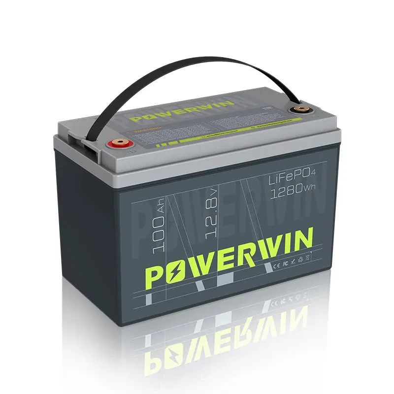 POWERWIN BT100 LiFePO4 Battery 12.8V 100Ah 1280Wh Built-in BMS Fish Radar Detector Solar Power 4000 Deep Cycle Off-grid Inverter - Free USA Shipment