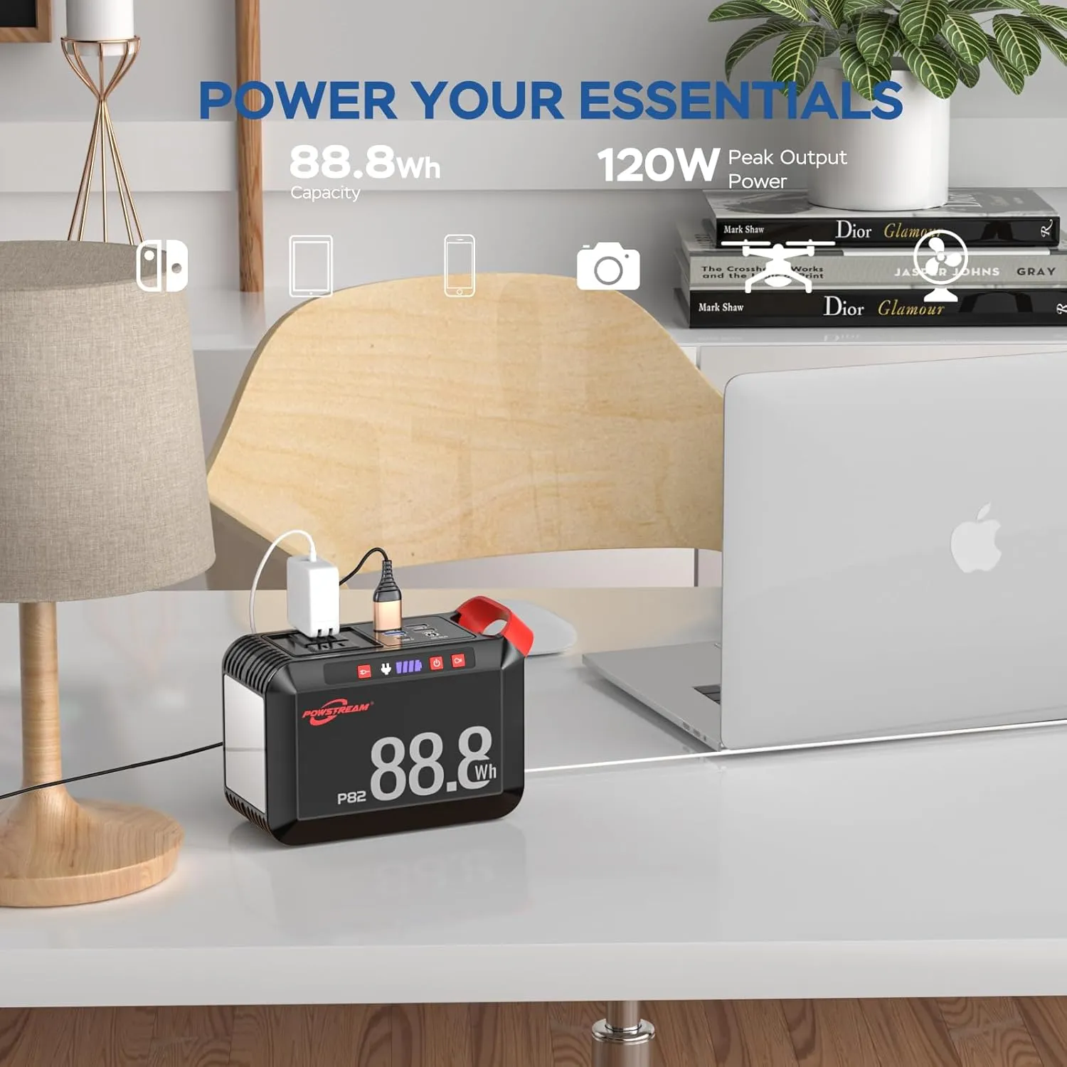 POWSTREAM 80W Solar Powered Generator with Panels 21W Included, 88.8Wh Lithium Battery Portable Power Station with AC Outlet 120W Peak Fast Charging 110V for Camping Outdoor Home Backup Backup RVs