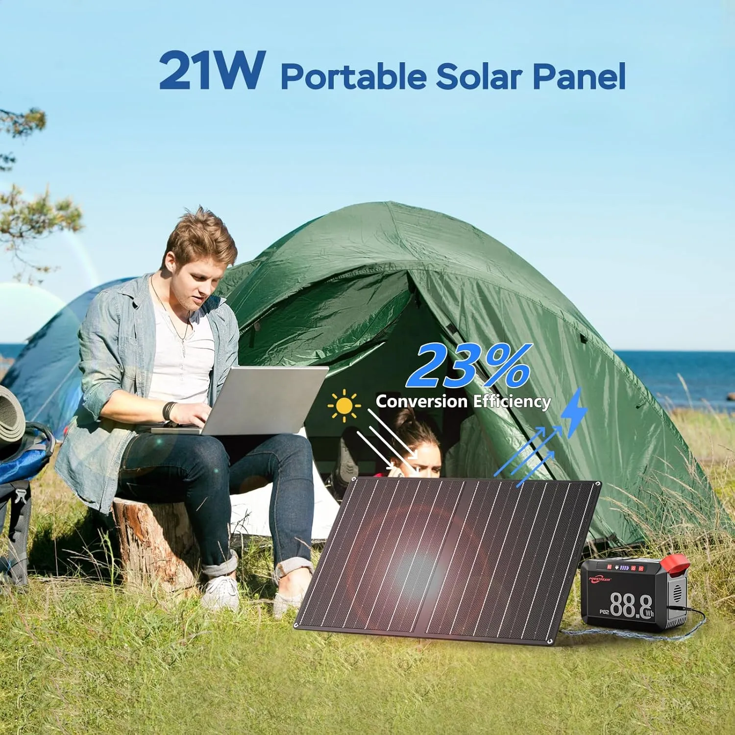 POWSTREAM 80W Solar Powered Generator with Panels 21W Included, 88.8Wh Lithium Battery Portable Power Station with AC Outlet 120W Peak Fast Charging 110V for Camping Outdoor Home Backup Backup RVs