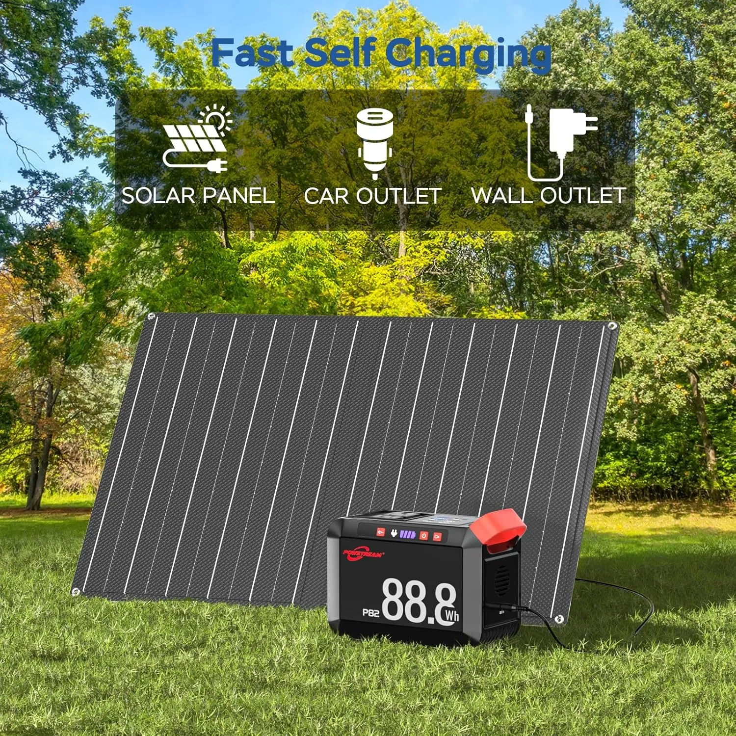 POWSTREAM 80W Solar Powered Generator with Panels 21W Included, 88.8Wh Lithium Battery Portable Power Station with AC Outlet 120W Peak Fast Charging 110V for Camping Outdoor Home Backup Backup RVs