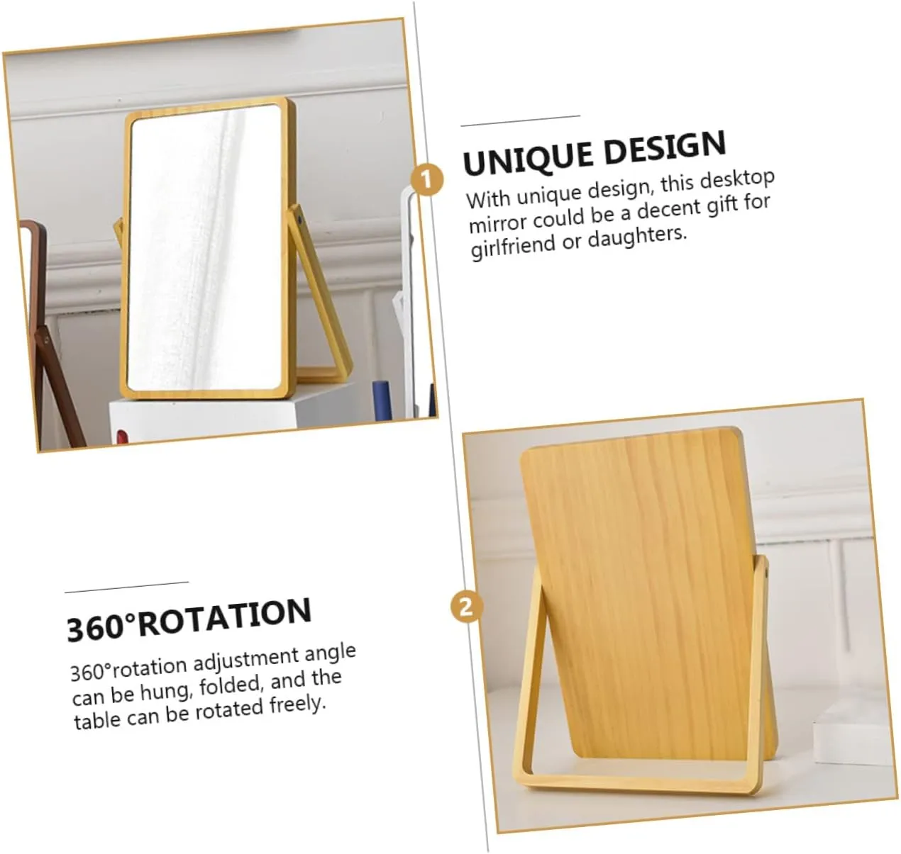 Premium Cosmetic Mirror Creative Wood Table Mirror Chic Design for Bedroom Home Use Light Yellow Finish Compact for Easy Placement High-Definition Reflection for Makeup Application