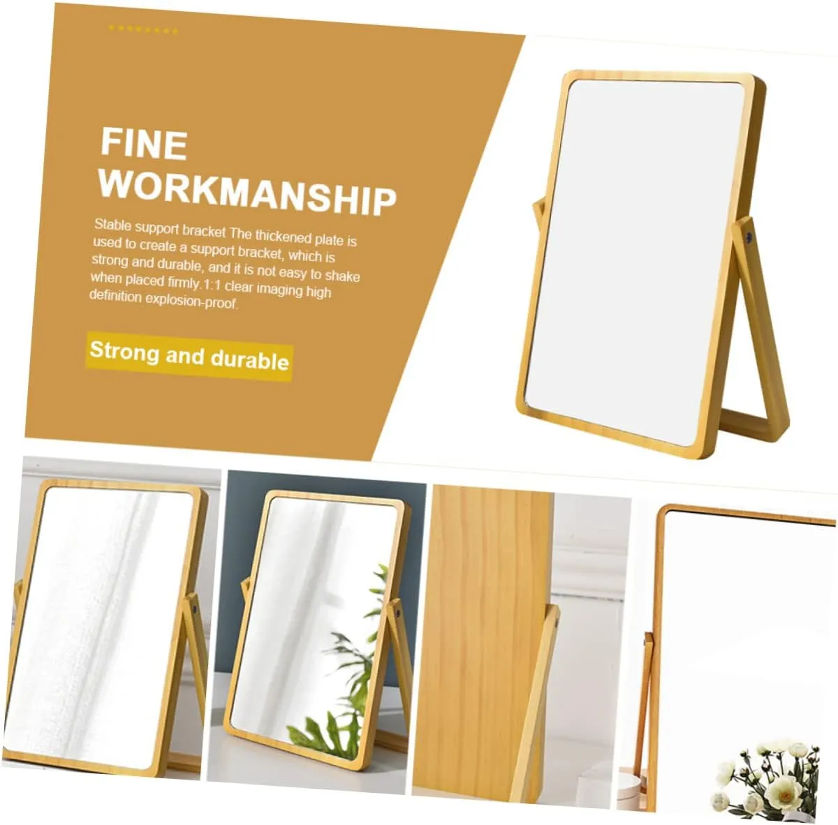 Premium Cosmetic Mirror Creative Wood Table Mirror Chic Design for Bedroom Home Use Light Yellow Finish Compact for Easy Placement High-Definition Reflection for Makeup Application