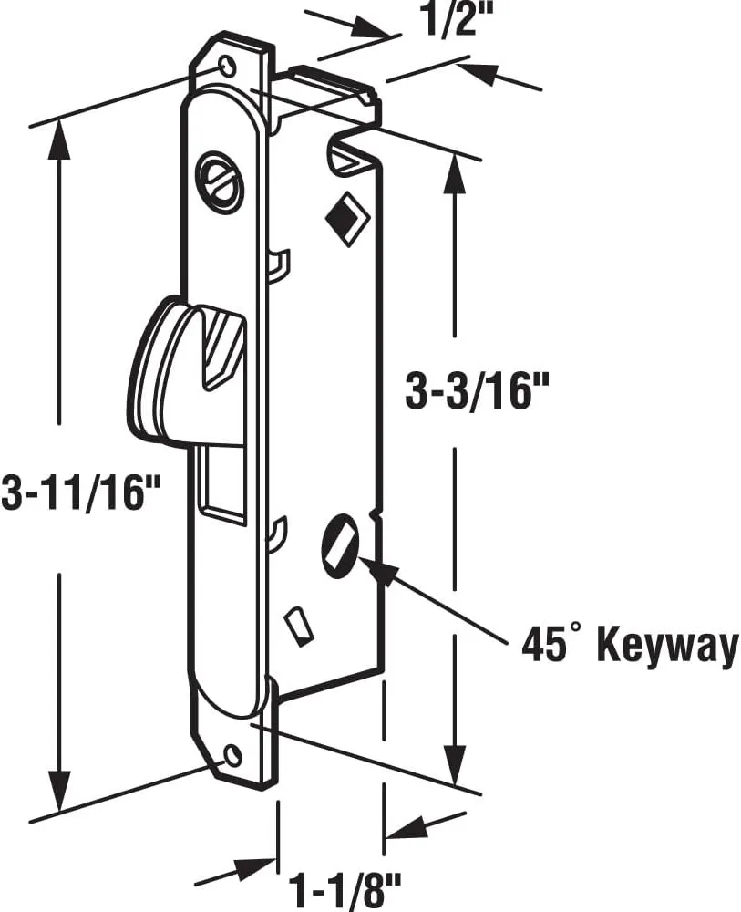 Prime-Line E 2199 Stainless Steel Mortise Lock - Adjustable, Spring-Loaded Hook Latch for Sliding Patio Doors Made of Wood, Aluminum & Vinyl, 3-11/16”, 45 Degree Keyway, Round Face (Single Pack)