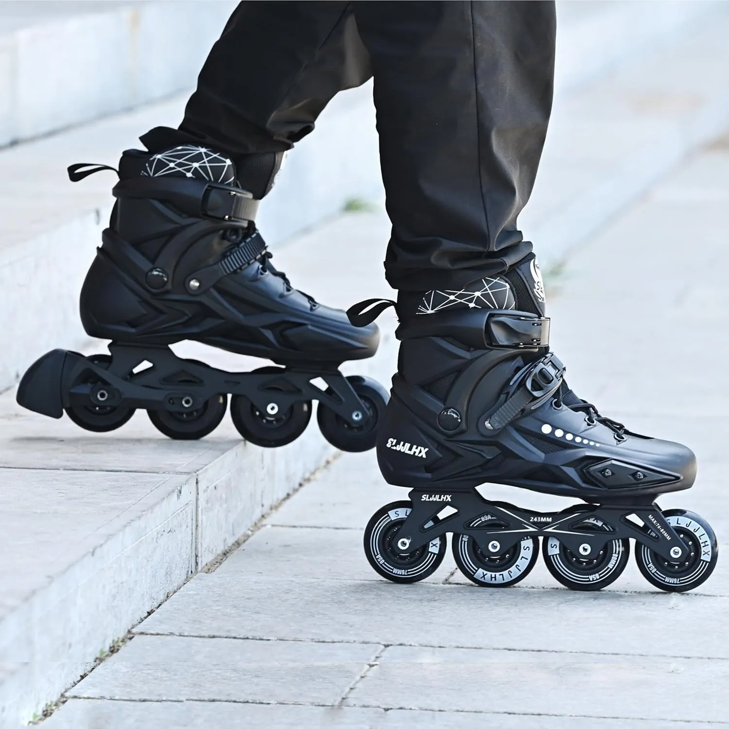 Professional Inline Skates for Men Women, Fitness Roller Skates Adult Male Female, Comfortable Breathable Speed Racing Skates with Washable Lining, Beginner Unisex, Black
