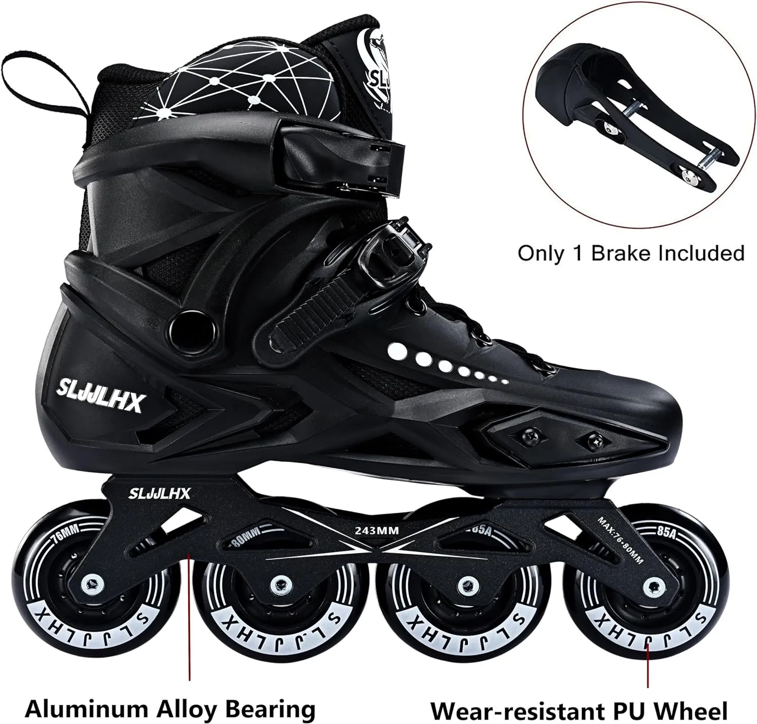 Professional Inline Skates for Men Women, Fitness Roller Skates Adult Male Female, Comfortable Breathable Speed Racing Skates with Washable Lining, Beginner Unisex, Black