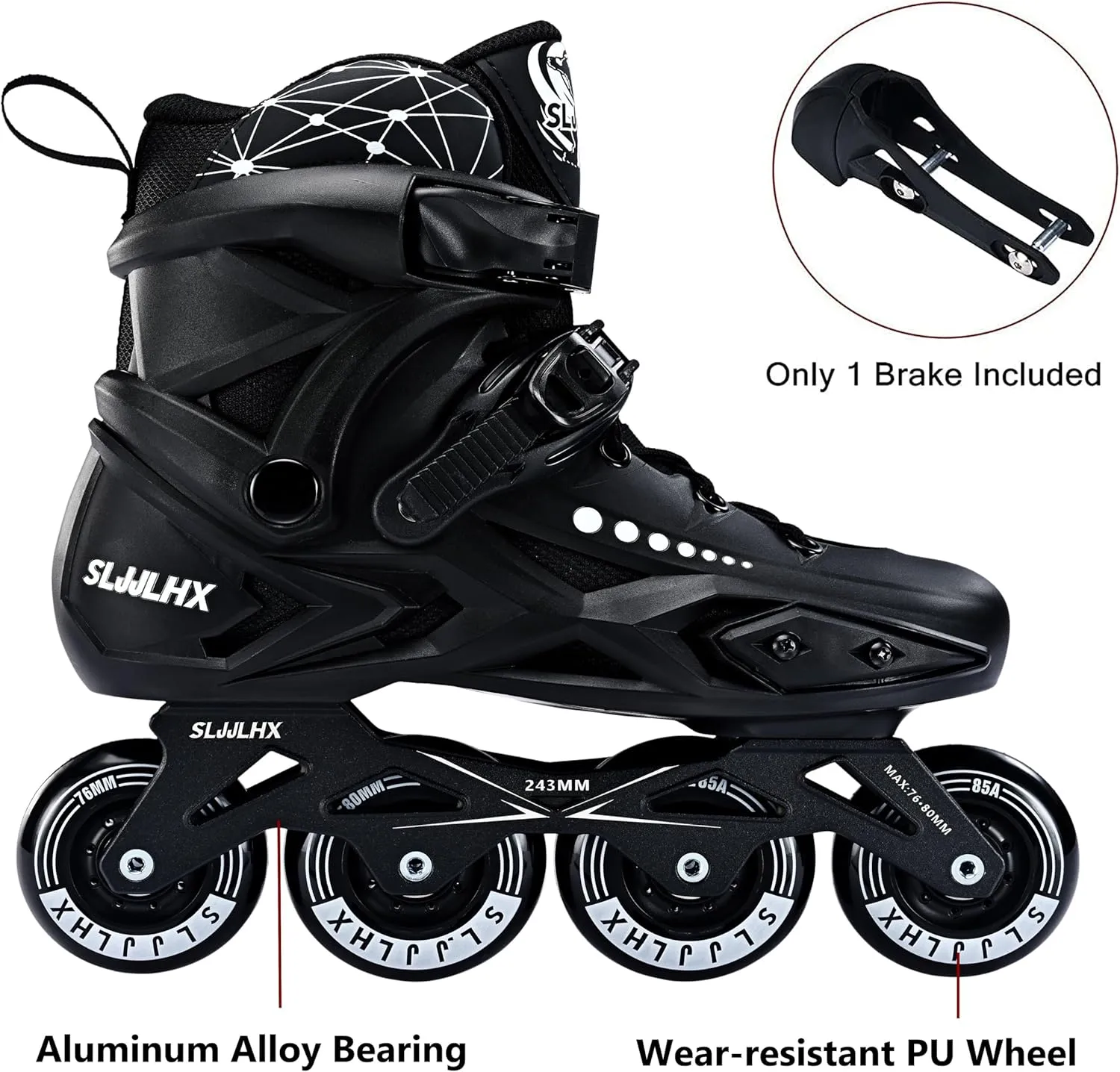 Professional Inline Skates for Men Women, Fitness Roller Skates Adult Male Female, Comfortable Breathable Speed Racing Skates with Washable Lining, Beginner Unisex, Black