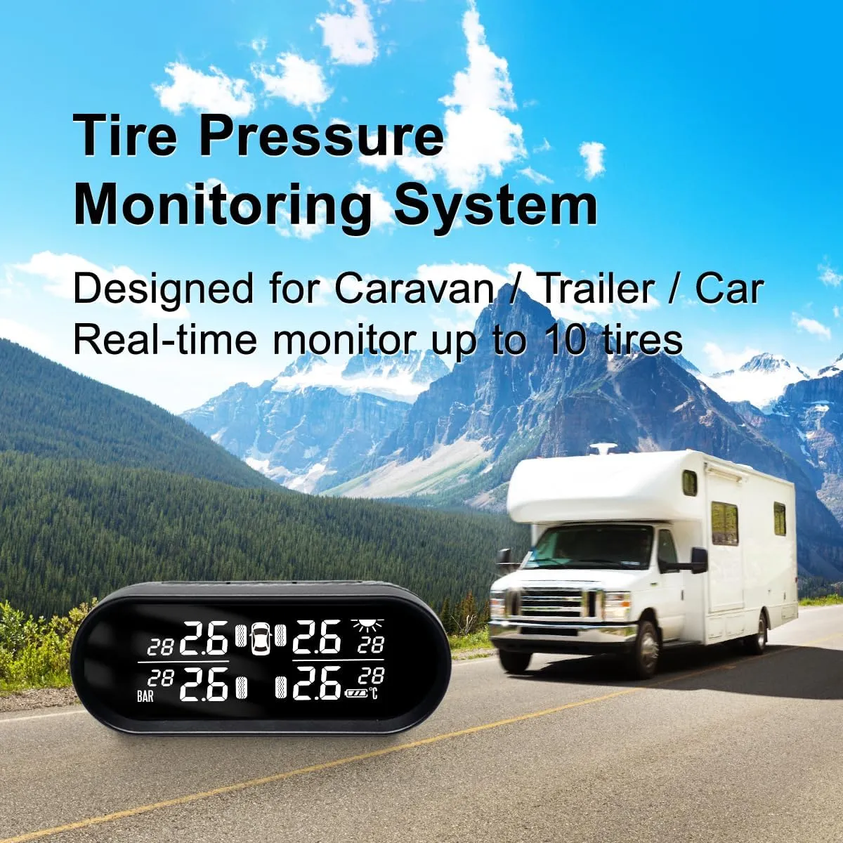 Promata Mata2E RV Tire Pressure Monitoring System,Wireless Solar TPMS with 4 Sensors for Travel Trailer,Automatic Backlight LCD Display,Real-time Monitoring Pressure and Temperature(0-99PSI)