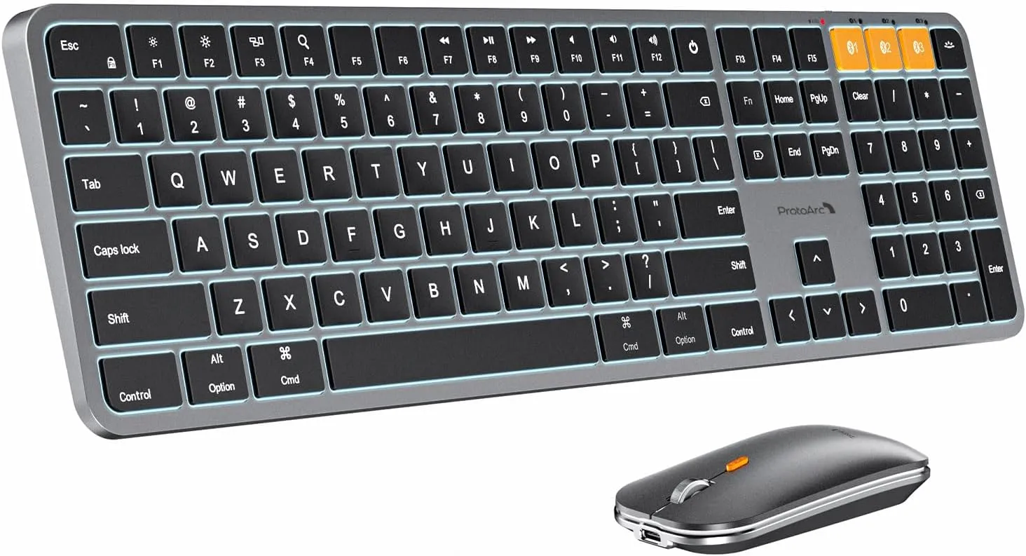 ProtoArc Backlit Bluetooth Keyboard and Mouse for Mac, KM100-A Full Size Wireless Keyboard Mouse for Mac, Multi-Device Rechargeable for MacBook Pro/Air, iMac, iPhone, iPad, Space Gray