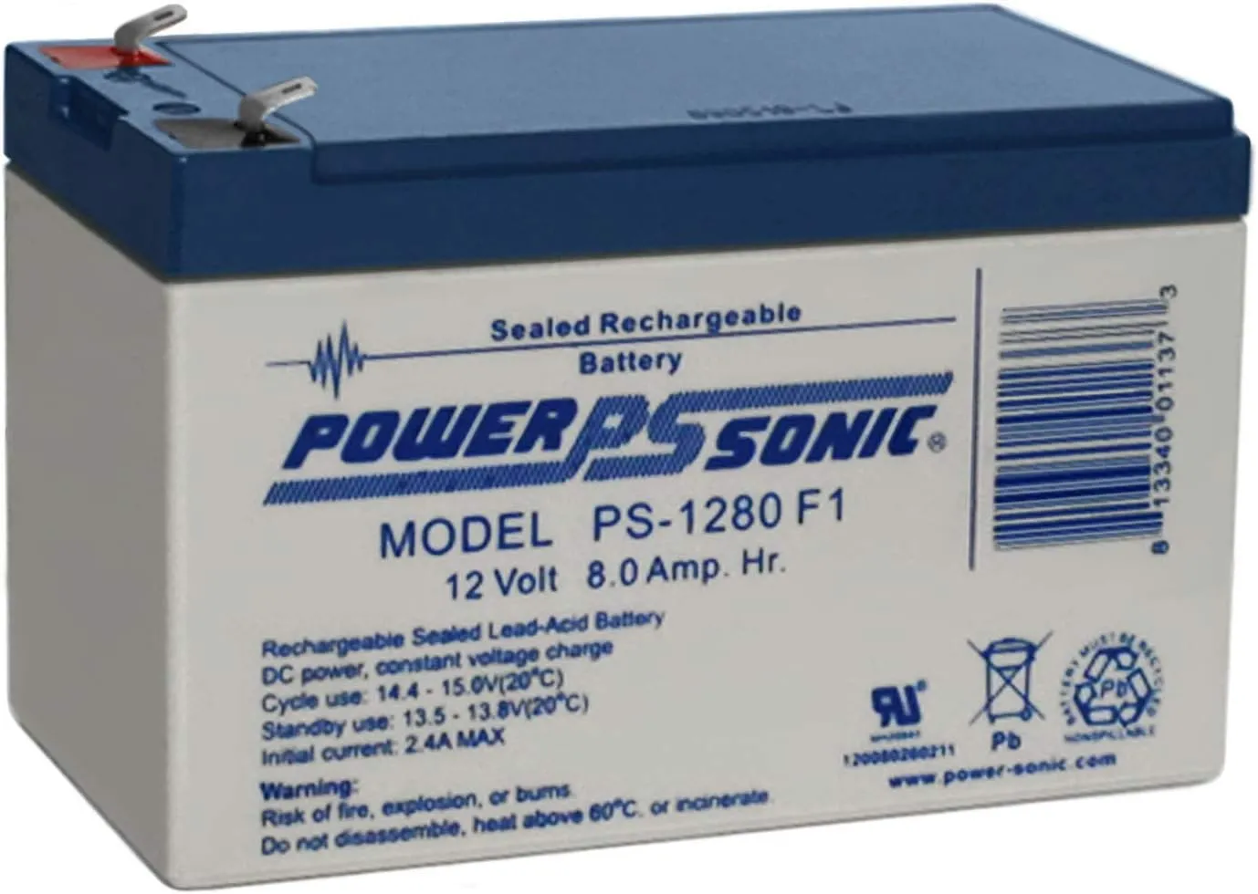 PS-1280 F1 12 Volt 8 Amp Hour Rechargeable SLA Battery