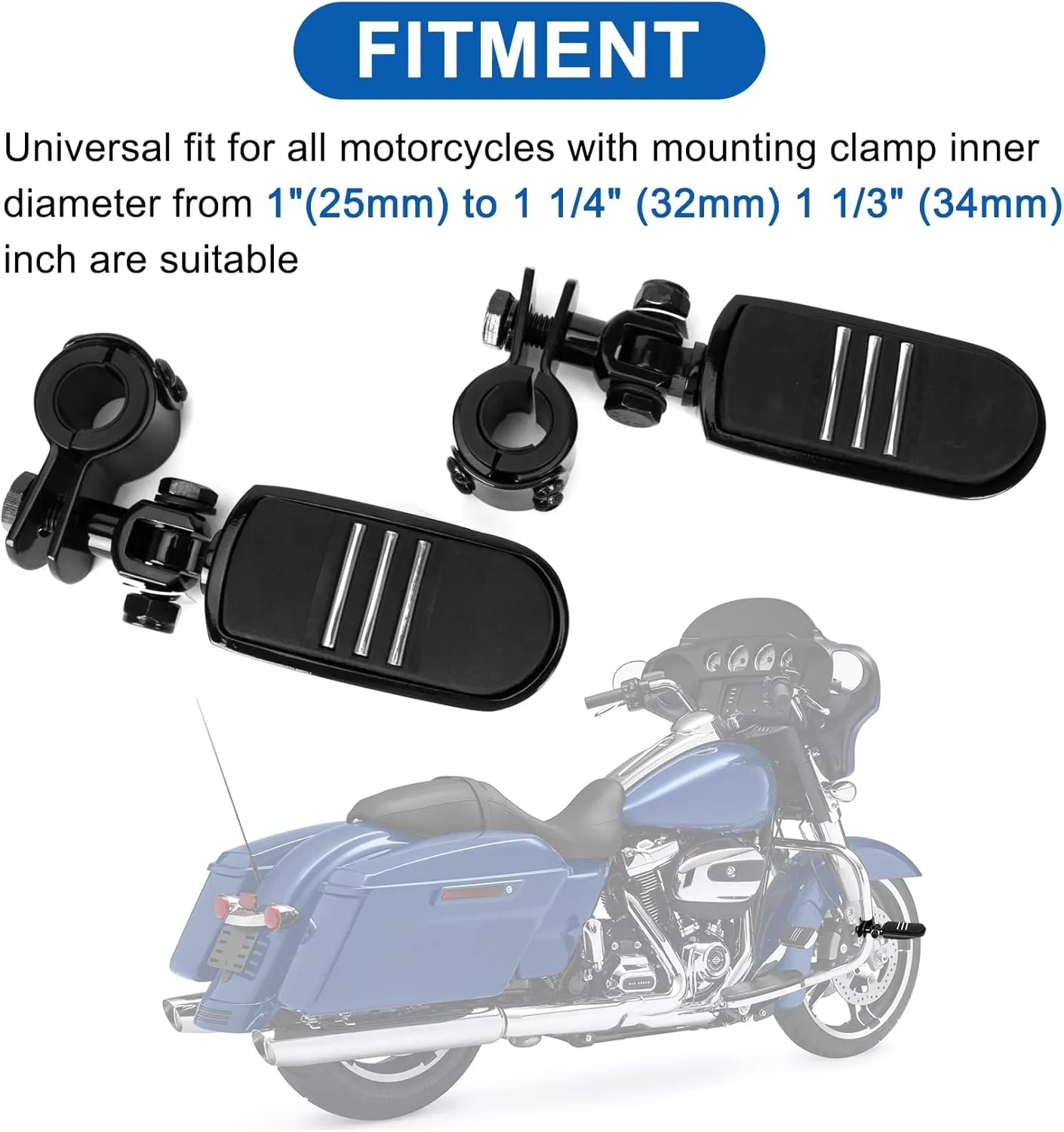PSLER Motorcycle Universal Highway Pegs Foot Rests, Crash Bar Highway Foot Pegs for Touring Electra Street Glide Road King Sportster, 1"(25mm), 1 1/4" (32mm), 1 1/3" (34mm) Engine Guard(Black Style2)