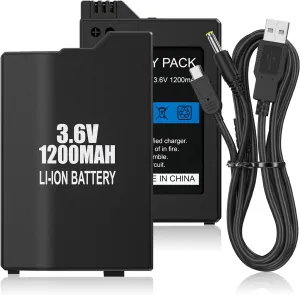 PSP Battery, 2Pcs 3.6v 1200mAh Lithium Ion Replacement Batteries with USB Charging Cable for PSP-3000, PSP-3001, PSP-2000, PSP-2001, PSP-3002, PSP-3004, PSP Lite, PSP Slim Console