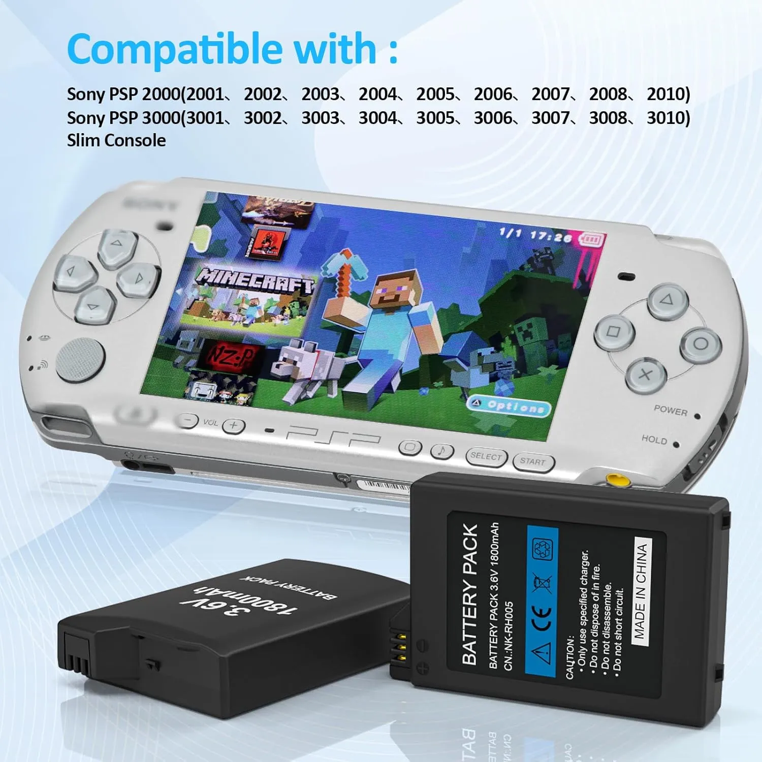 PSP Battery, 2Pcs 3.6v 1200mAh Lithium Ion Replacement Batteries with USB Charging Cable for PSP-3000, PSP-3001, PSP-2000, PSP-2001, PSP-3002, PSP-3004, PSP Lite, PSP Slim Console