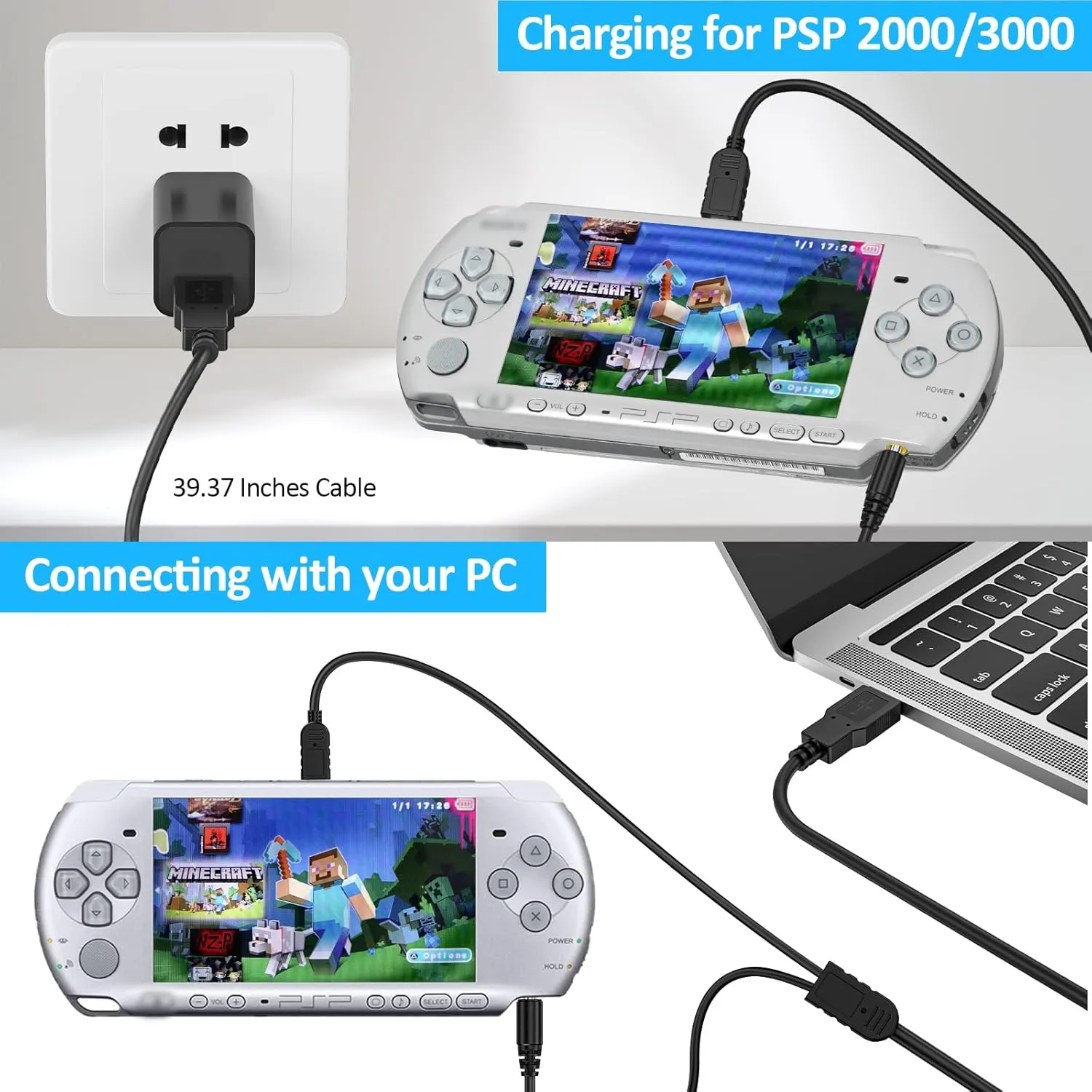 PSP Battery, 2Pcs 3.6v 1200mAh Lithium Ion Replacement Batteries with USB Charging Cable for PSP-3000, PSP-3001, PSP-2000, PSP-2001, PSP-3002, PSP-3004, PSP Lite, PSP Slim Console