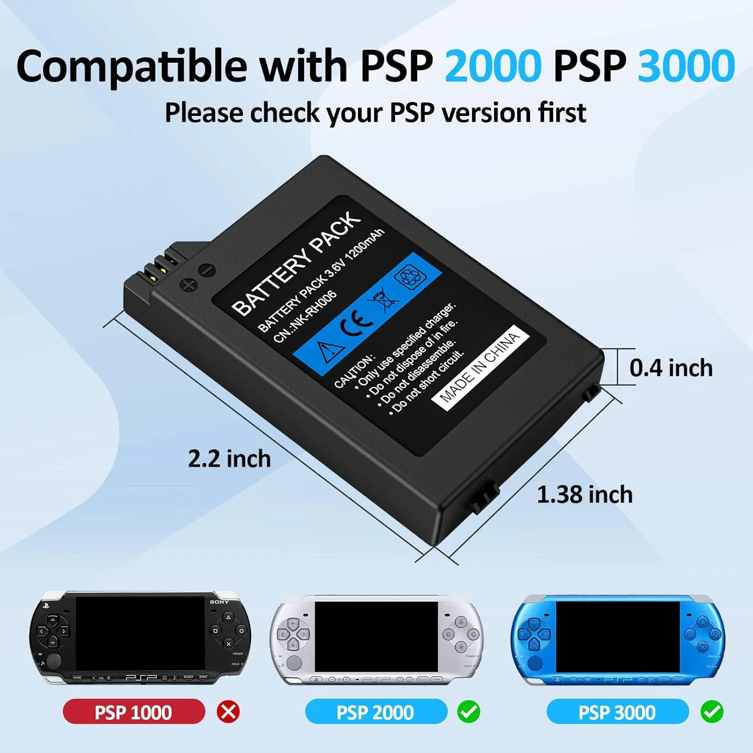 PSP Battery, 2Pcs 3.6v 1200mAh Lithium Ion Replacement Batteries with USB Charging Cable for PSP-3000, PSP-3001, PSP-2000, PSP-2001, PSP-3002, PSP-3004, PSP Lite, PSP Slim Console