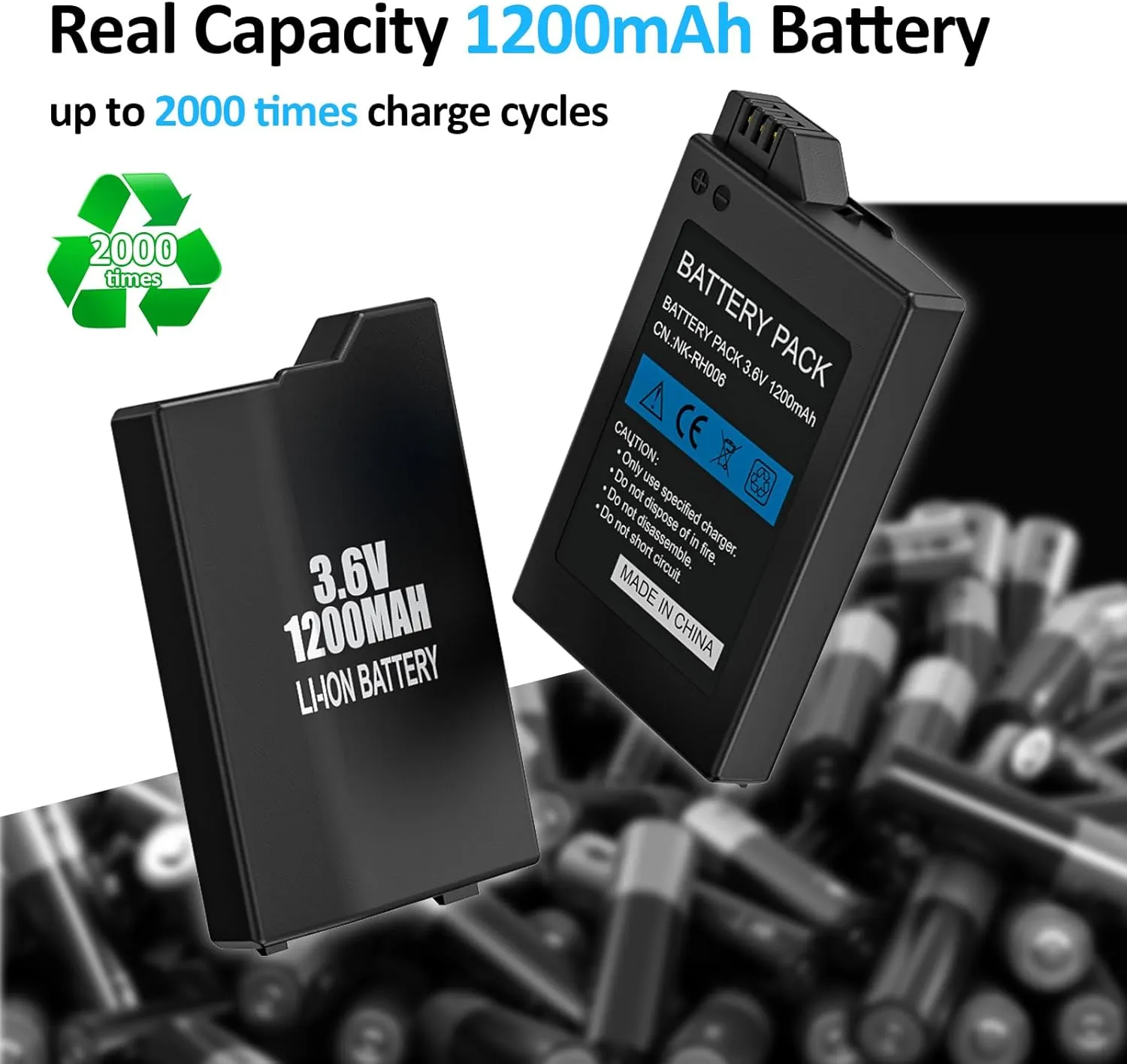 PSP Battery, 2Pcs 3.6v 1200mAh Lithium Ion Replacement Batteries with USB Charging Cable for PSP-3000, PSP-3001, PSP-2000, PSP-2001, PSP-3002, PSP-3004, PSP Lite, PSP Slim Console