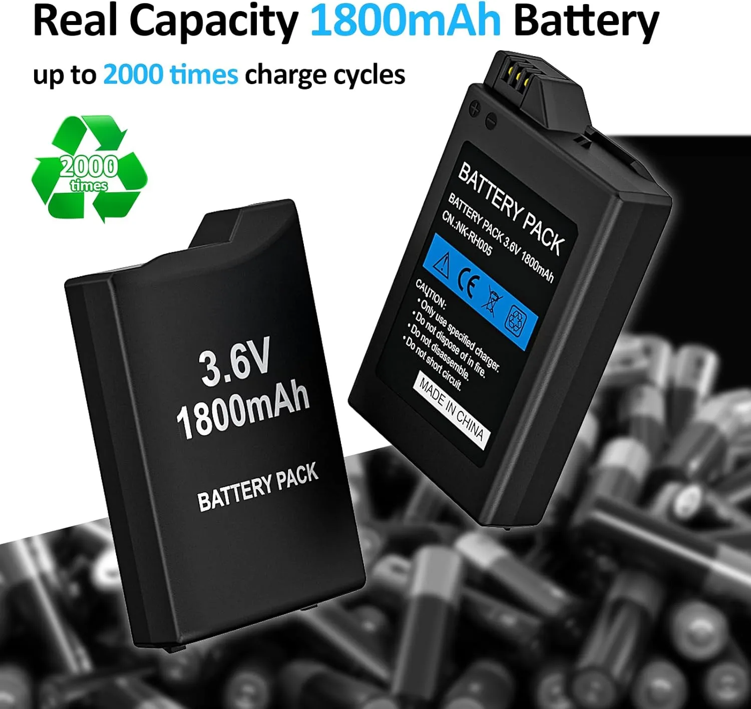PSP Battery, 2Pcs 3.6v 1800mAh Lithium Ion Replacement Batteries with USB Charging Cable for PSP 1000 1001, PSP-110 (1002, 1003, 1004, 1005, 1006, 1007, 1008, 1010), PSP Fat Console