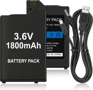 PSP Battery, 2Pcs 3.6v 1800mAh Lithium Ion Replacement Batteries with USB Charging Cable for PSP 1000 1001, PSP-110 (1002, 1003, 1004, 1005, 1006, 1007, 1008, 1010), PSP Fat Console
