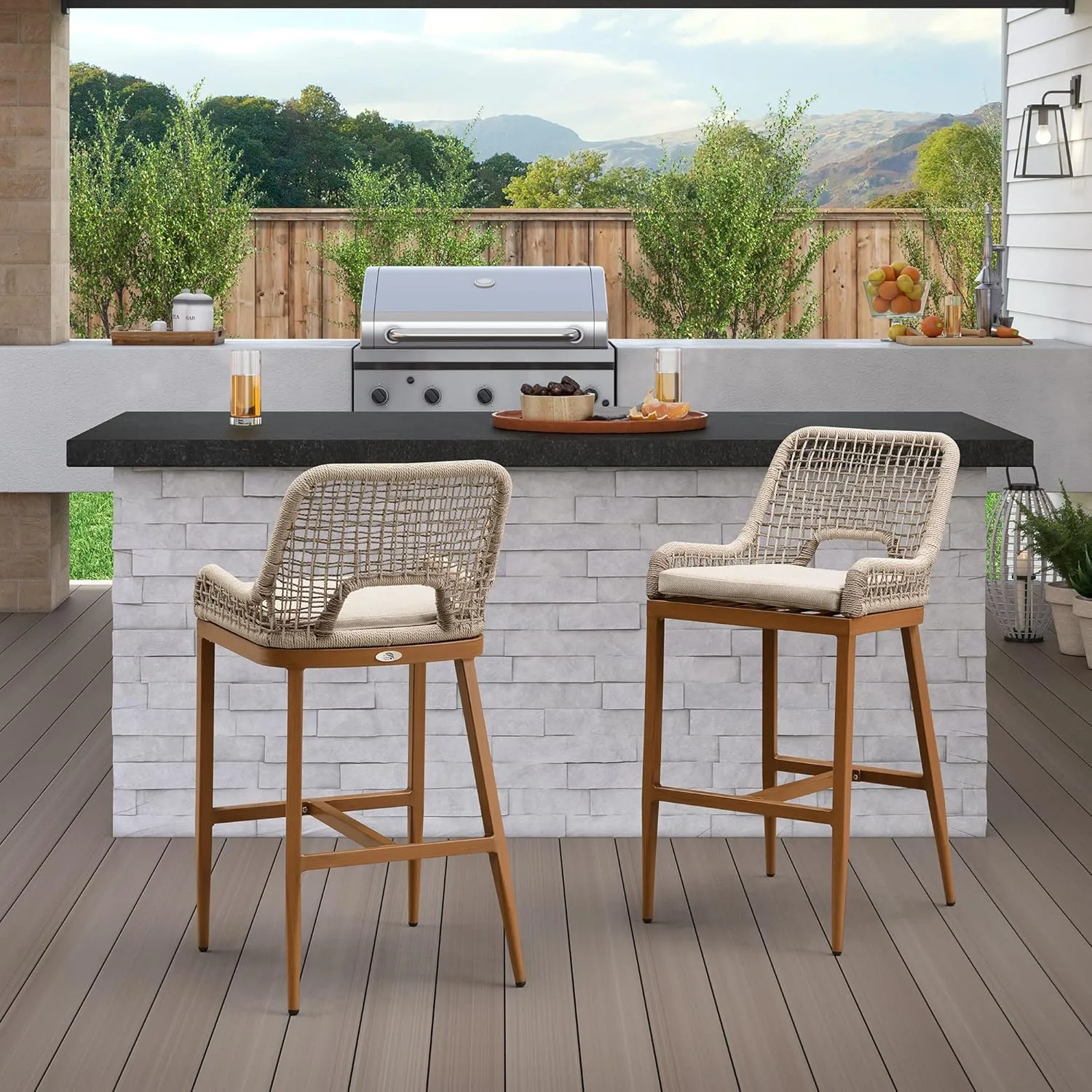 PURPLE LEAF Bar Stools Set of 2 Bar Height Metal Bar Chairs with Back Modern Tall Comfy Wicker Woven Boho Garden Pool Patio Outdoor Barstools