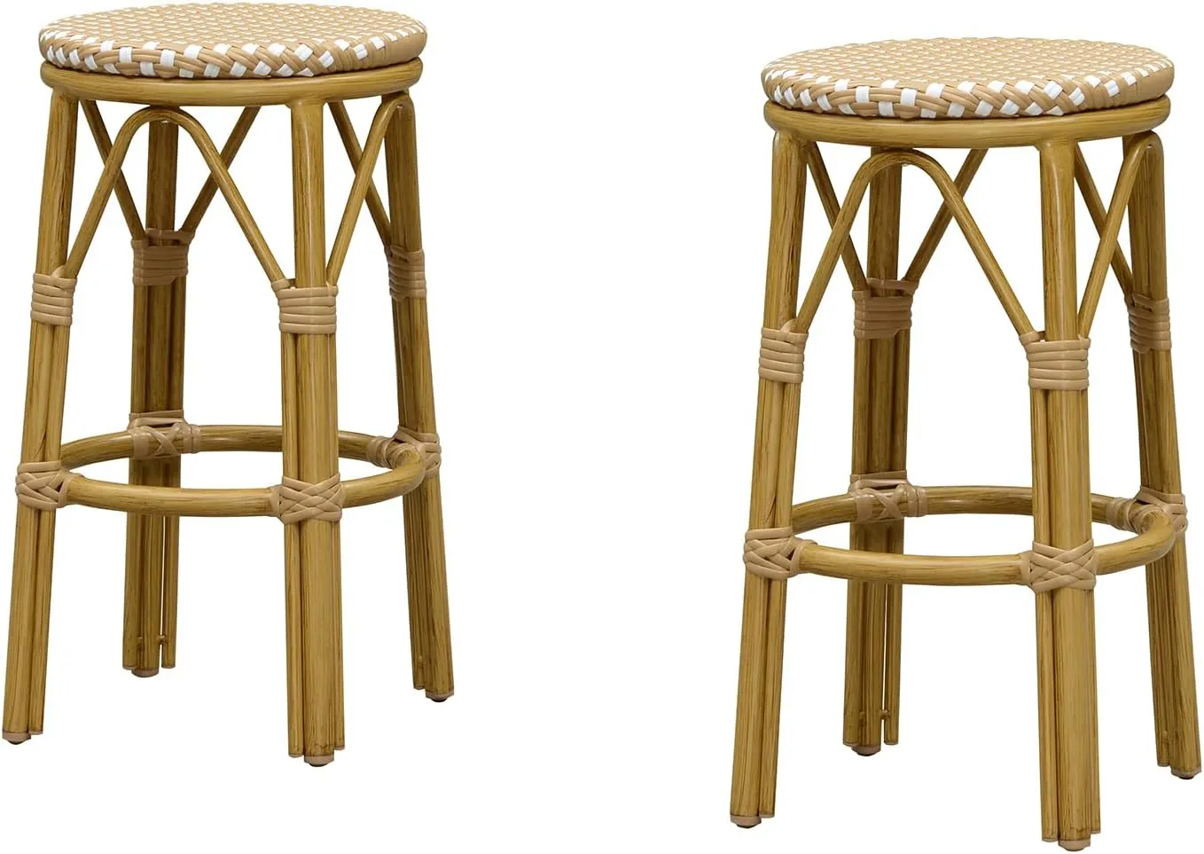 PURPLE LEAF Patio Round Counter Height Stool Set of 2 Outdoor Backless Barstools Aluminum Frame in Bamboo Finish with Amber & White Woven Rattan for Indoor Kitchen Dining Bistros Cafe Restaurant