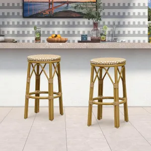 PURPLE LEAF Patio Round Counter Height Stool Set of 2 Outdoor Backless Barstools Aluminum Frame in Bamboo Finish with Amber & White Woven Rattan for Indoor Kitchen Dining Bistros Cafe Restaurant