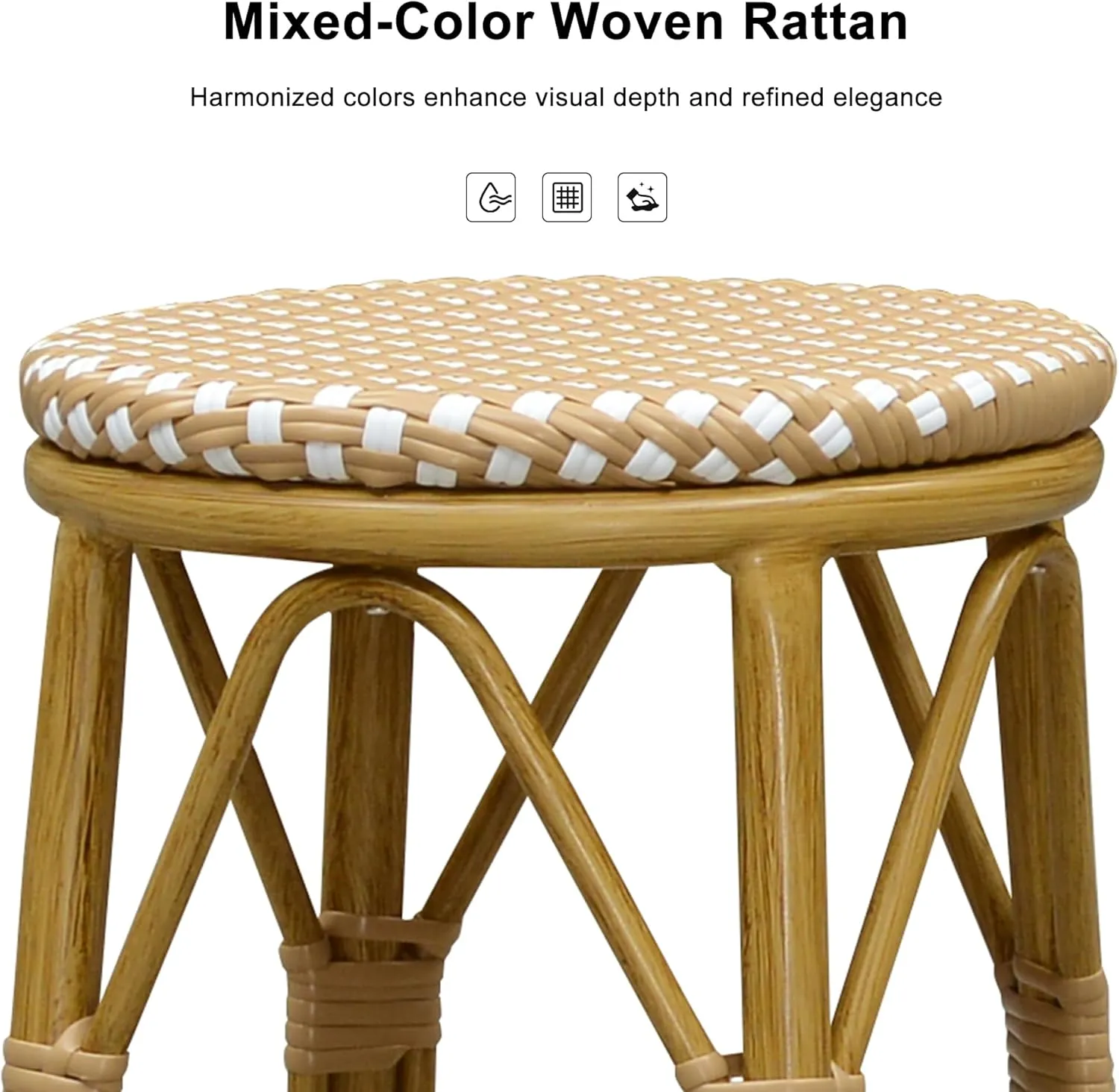PURPLE LEAF Patio Round Counter Height Stool Set of 2 Outdoor Backless Barstools Aluminum Frame in Bamboo Finish with Amber & White Woven Rattan for Indoor Kitchen Dining Bistros Cafe Restaurant