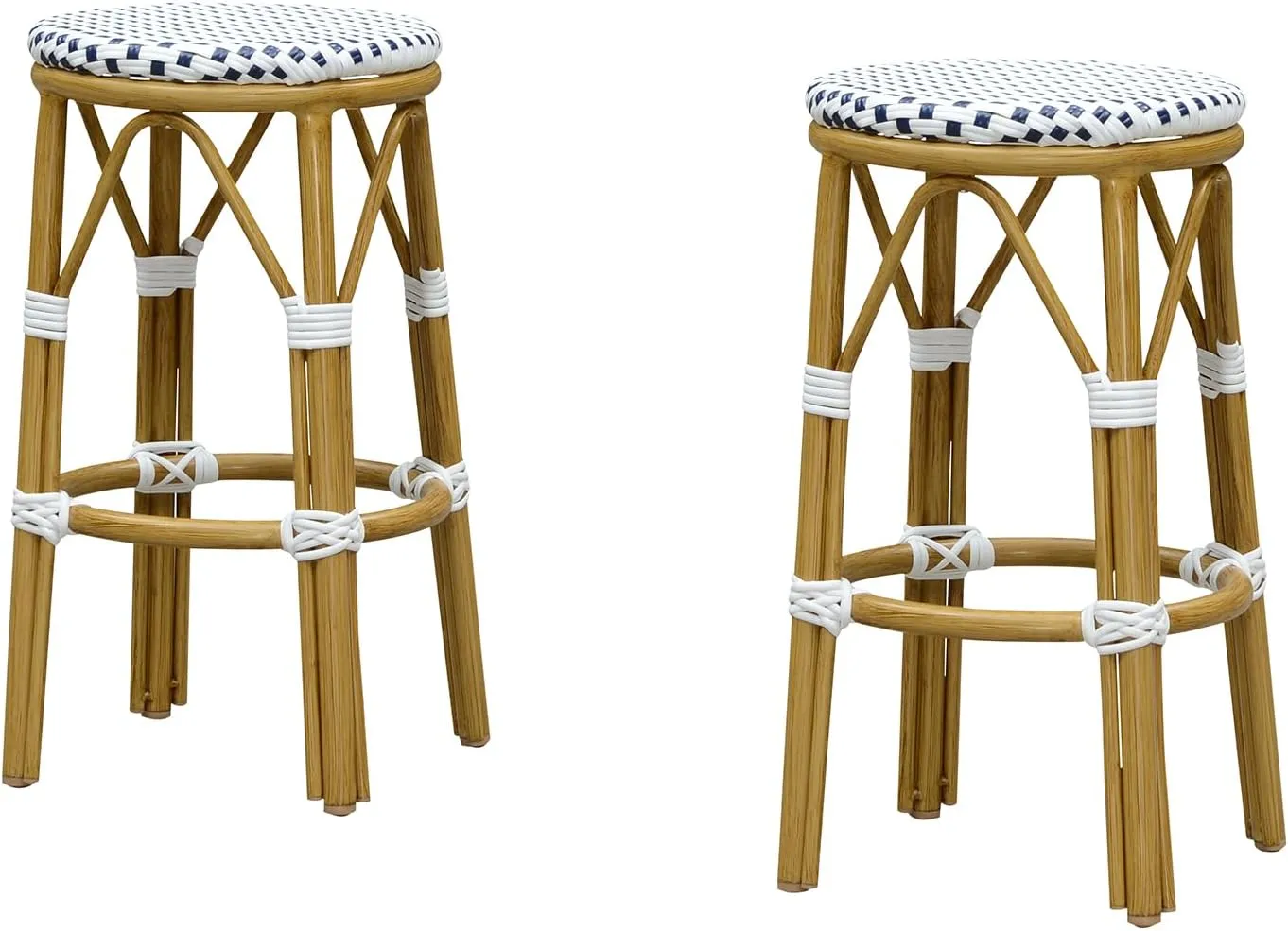 PURPLE LEAF Patio Round Counter Height Stool Set of 2 Outdoor Backless Barstools Aluminum Frame in Bamboo Finish with White & Blue Woven Rattan for Indoor Kitchen Dining Bistros Cafe Restaurant