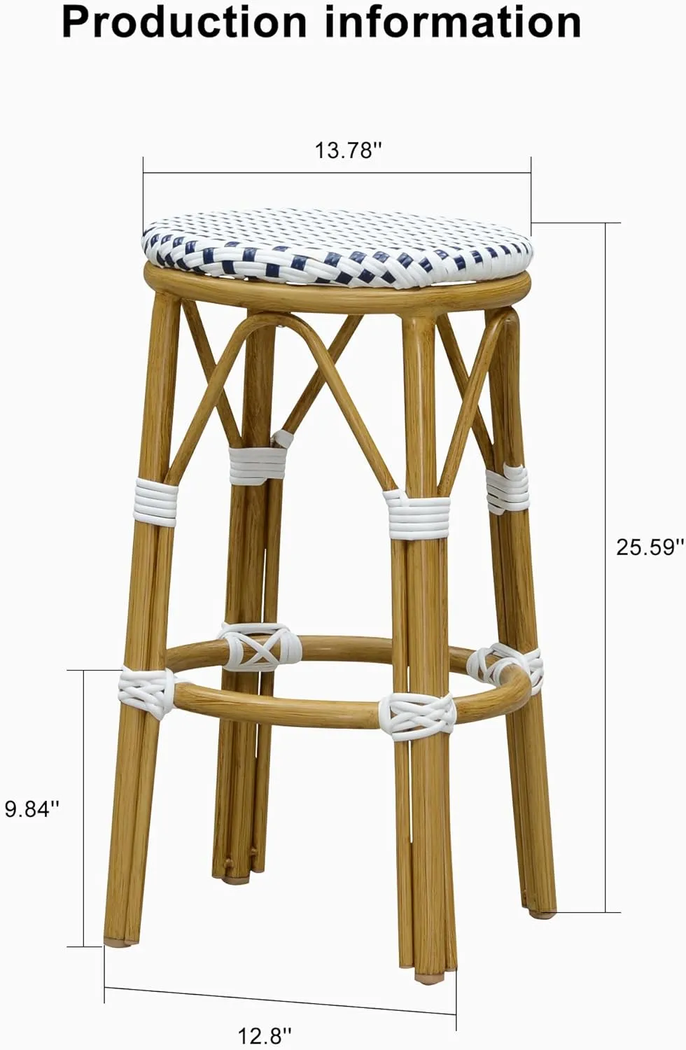 PURPLE LEAF Patio Round Counter Height Stool Set of 2 Outdoor Backless Barstools Aluminum Frame in Bamboo Finish with White & Blue Woven Rattan for Indoor Kitchen Dining Bistros Cafe Restaurant