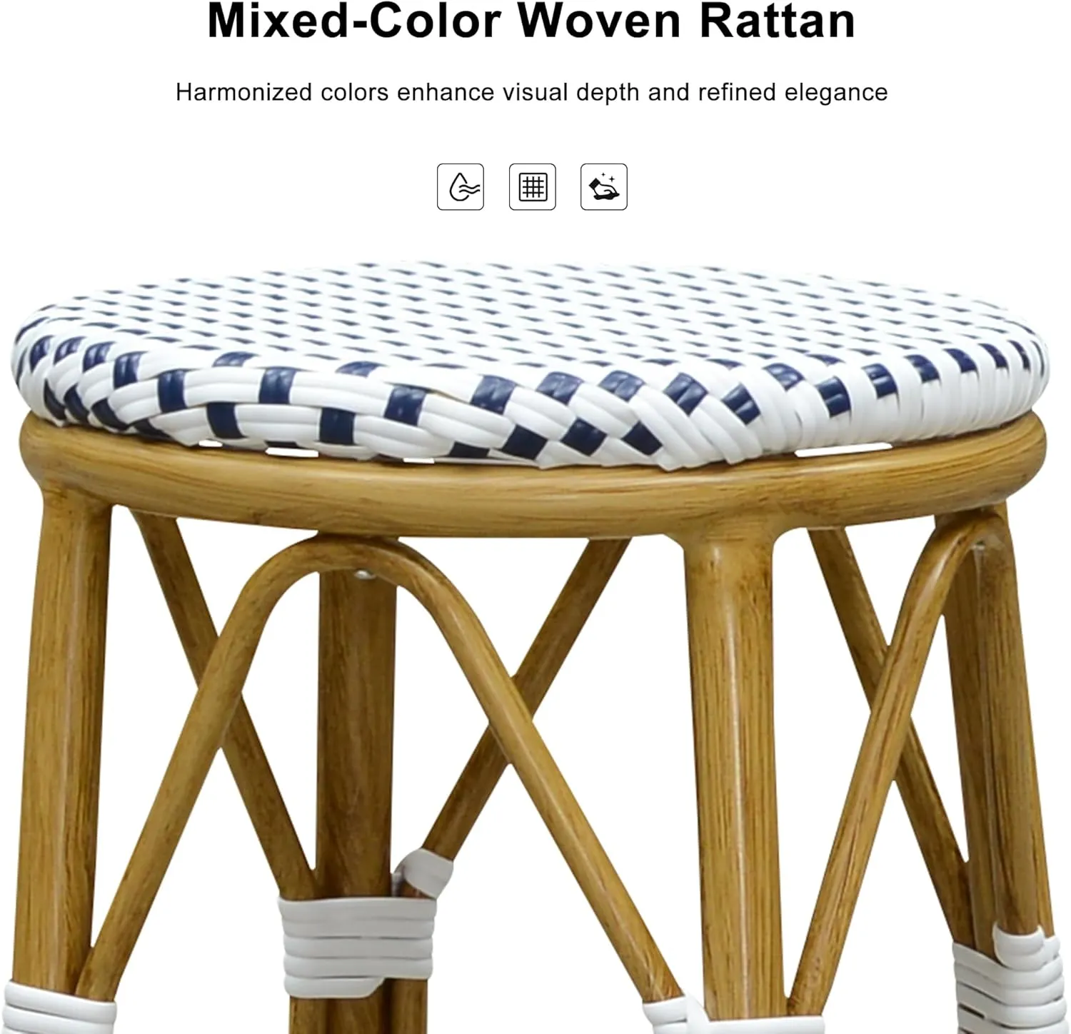 PURPLE LEAF Patio Round Counter Height Stool Set of 2 Outdoor Backless Barstools Aluminum Frame in Bamboo Finish with White & Blue Woven Rattan for Indoor Kitchen Dining Bistros Cafe Restaurant