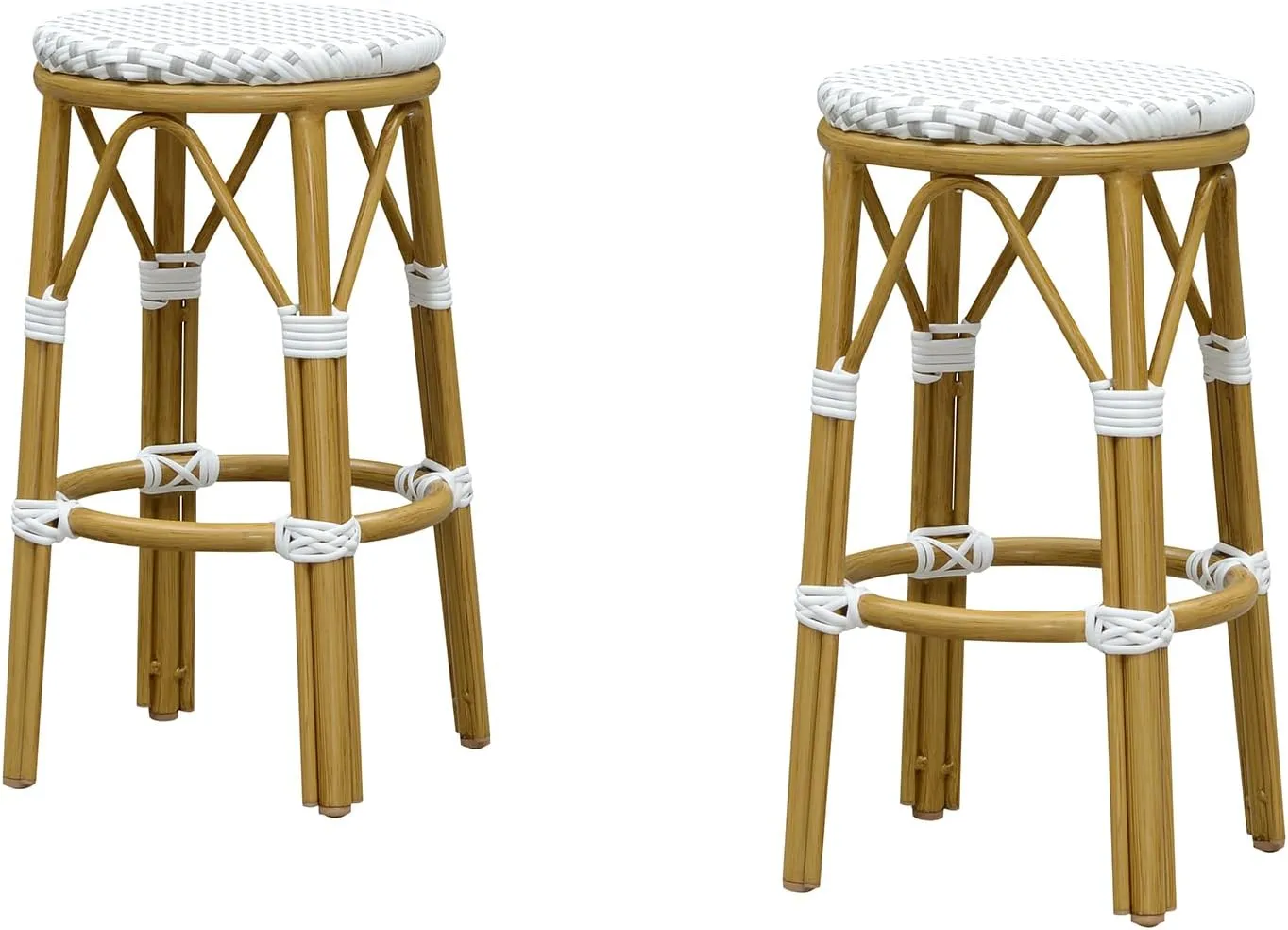 PURPLE LEAF Patio Round Counter Height Stool Set of 2 Outdoor Backless Barstools Aluminum Frame in Bamboo Finish with White & Gray Woven Rattan for Indoor Kitchen Dining Bistros Cafe Restaurant