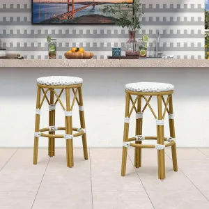 PURPLE LEAF Patio Round Counter Height Stool Set of 2 Outdoor Backless Barstools Aluminum Frame in Bamboo Finish with White & Gray Woven Rattan for Indoor Kitchen Dining Bistros Cafe Restaurant