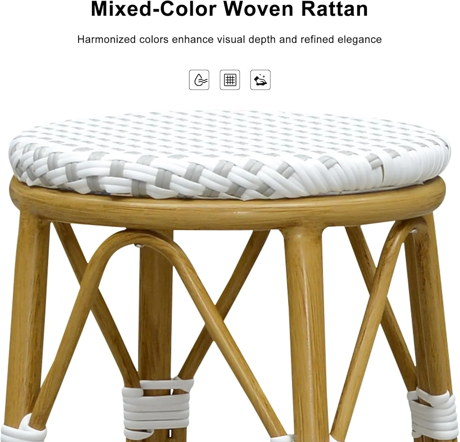 PURPLE LEAF Patio Round Counter Height Stool Set of 2 Outdoor Backless Barstools Aluminum Frame in Bamboo Finish with White & Gray Woven Rattan for Indoor Kitchen Dining Bistros Cafe Restaurant