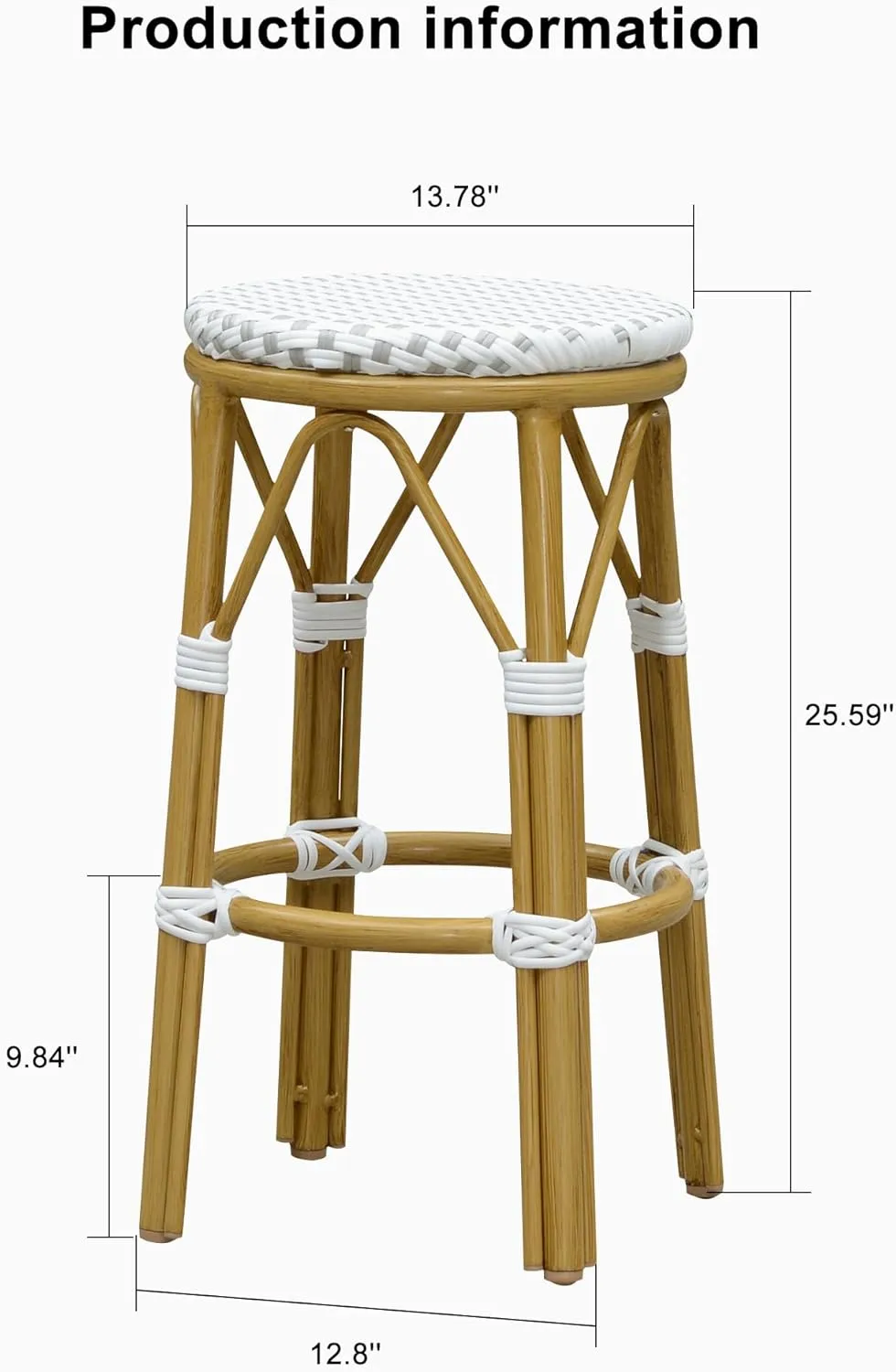 PURPLE LEAF Patio Round Counter Height Stool Set of 2 Outdoor Backless Barstools Aluminum Frame in Bamboo Finish with White & Gray Woven Rattan for Indoor Kitchen Dining Bistros Cafe Restaurant