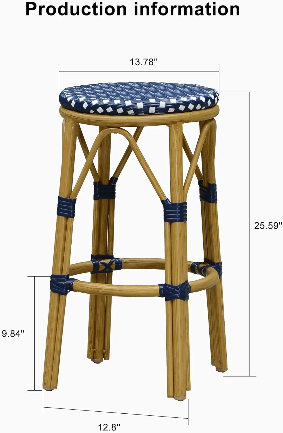 PURPLE LEAF Patio Round Counter Height Stool Set of 2 Outdoor Backless Barstools Aluminum Frame in Champagne Finish with Navy Blue&White Woven Rattan for Indoor Kitchen Dining Bistros Cafe Restaurant
