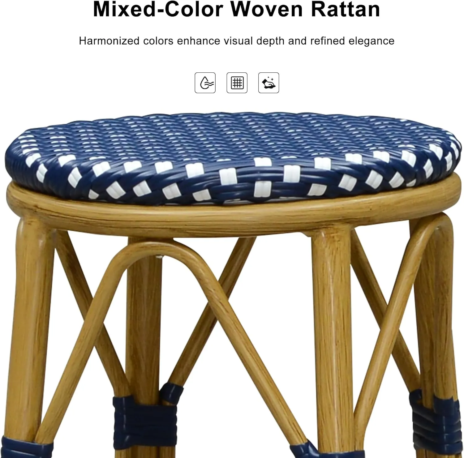 PURPLE LEAF Patio Round Counter Height Stool Set of 2 Outdoor Backless Barstools Aluminum Frame in Champagne Finish with Navy Blue&White Woven Rattan for Indoor Kitchen Dining Bistros Cafe Restaurant