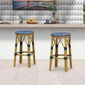 PURPLE LEAF Patio Round Counter Height Stool Set of 2 Outdoor Backless Barstools Aluminum Frame in Champagne Finish with Navy Blue&White Woven Rattan for Indoor Kitchen Dining Bistros Cafe Restaurant