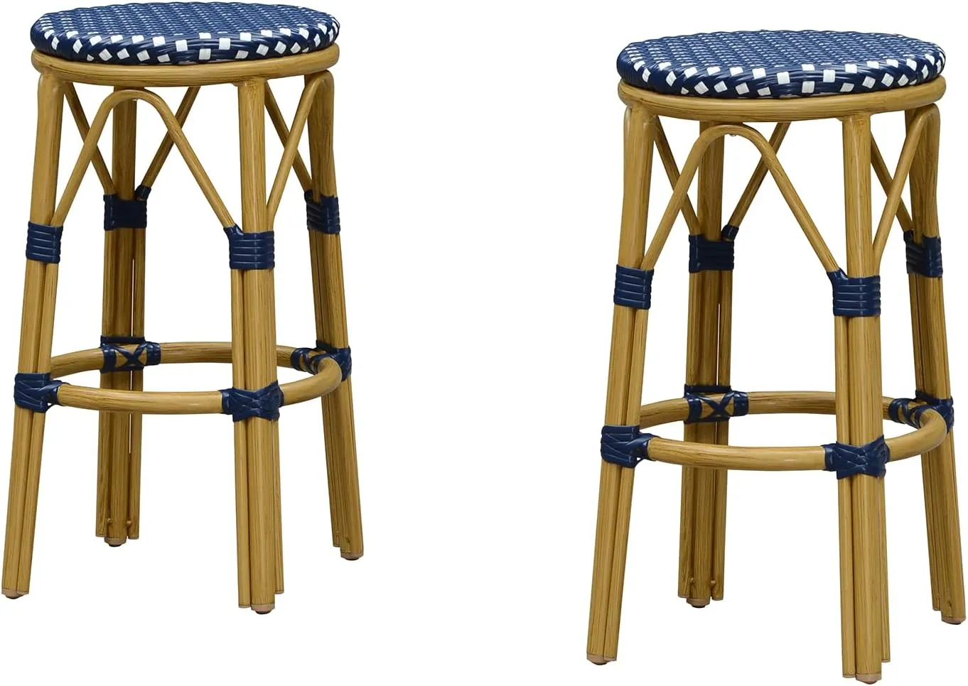 PURPLE LEAF Patio Round Counter Height Stool Set of 2 Outdoor Backless Barstools Aluminum Frame in Champagne Finish with Navy Blue&White Woven Rattan for Indoor Kitchen Dining Bistros Cafe Restaurant