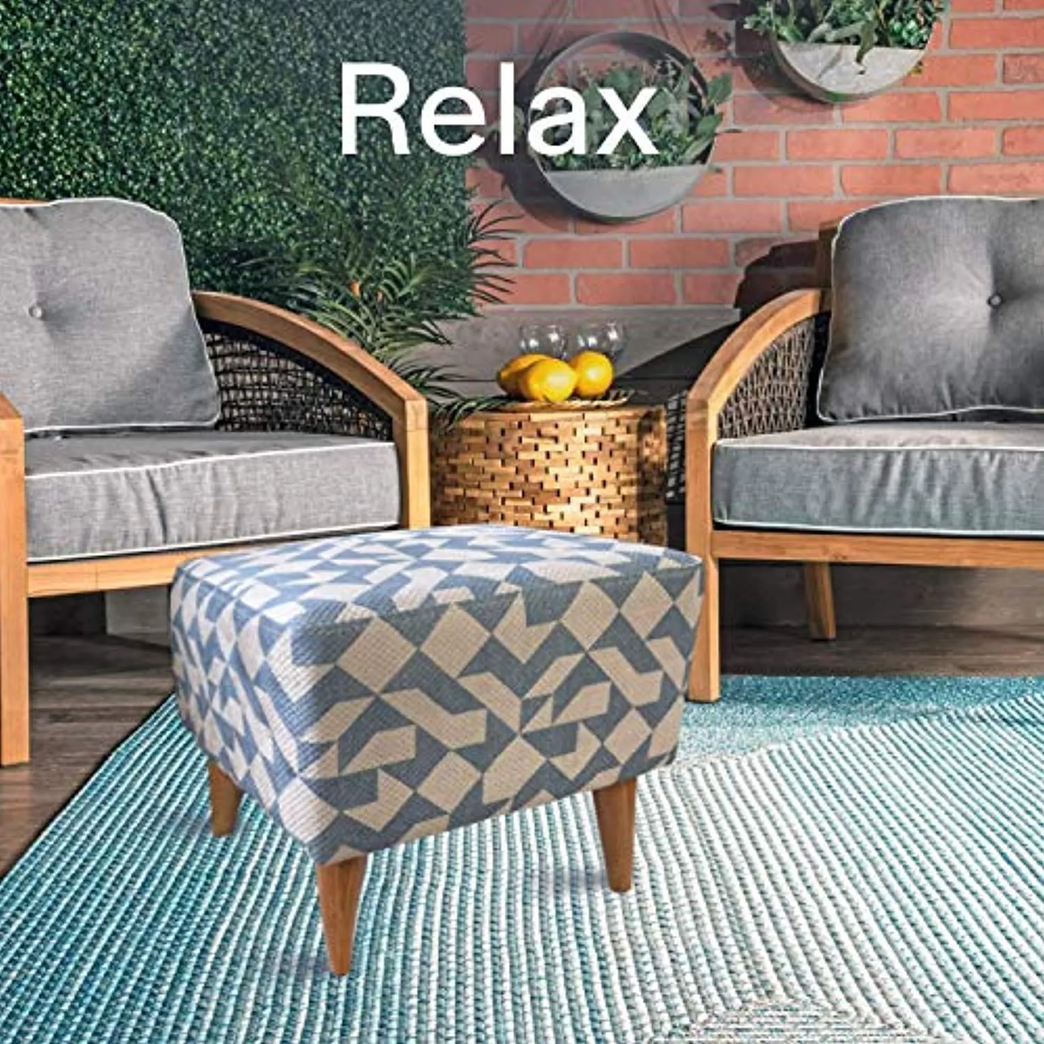 Pyramid Home Decor Mid Century Modern Fabric Ottoman Stool for Vanity - Square Ottoman Seat with Wood Legs - 16.25 x 16.25 x 16.25 Inch Foot Stool Ottoman