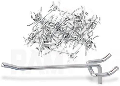 RamPro - 4 In Heavy-Duty Carbon-Steel Sturdy Rust-Resistant Straight L-Shape Zinc Plated Metal J-Style PEG-Hook Assortment for 1/4 In 1/8 In Perforated pegboard and Shelving Organizer Set of 50 Pieces