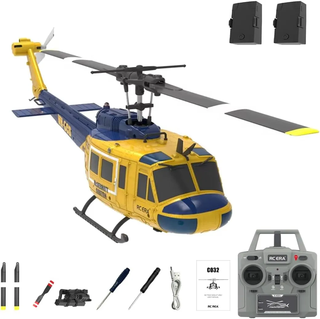RC ERA C032 UH-1 Huey RC Helicopter with 6-Axis Gyro, 1/48 Scale 6CH Flybarless RC Helicopter with Altitude Hold & Intelligent Positioning System for Hobbyist