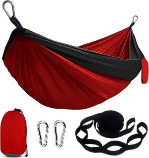 Red Black Portable Camping Hammock - Single, Backpacking Tree Hammock - Kids & Adults - Hiking & Travel Gear
