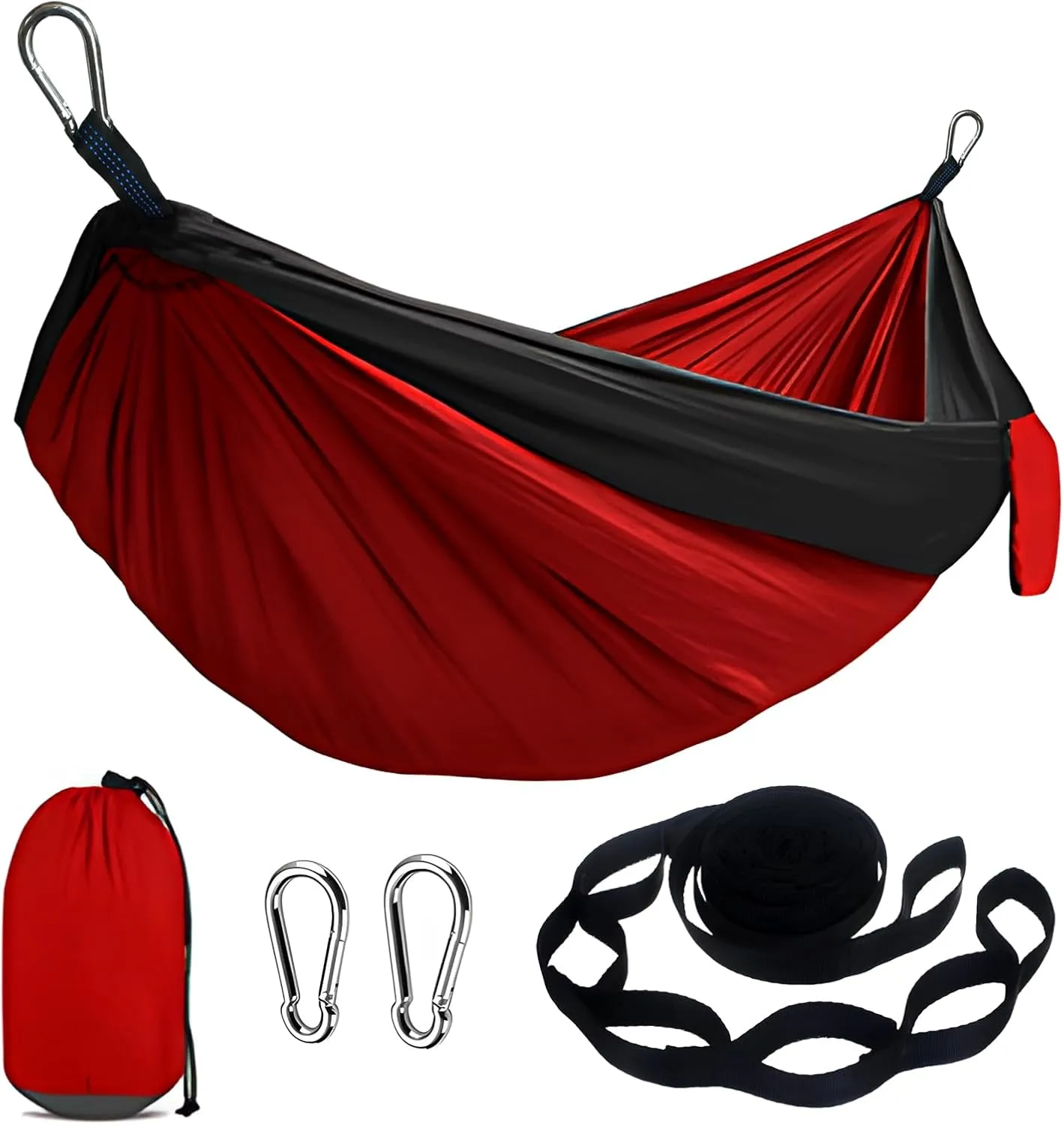 Red Black Portable Camping Hammock - Single, Backpacking Tree Hammock - Kids & Adults - Hiking & Travel Gear