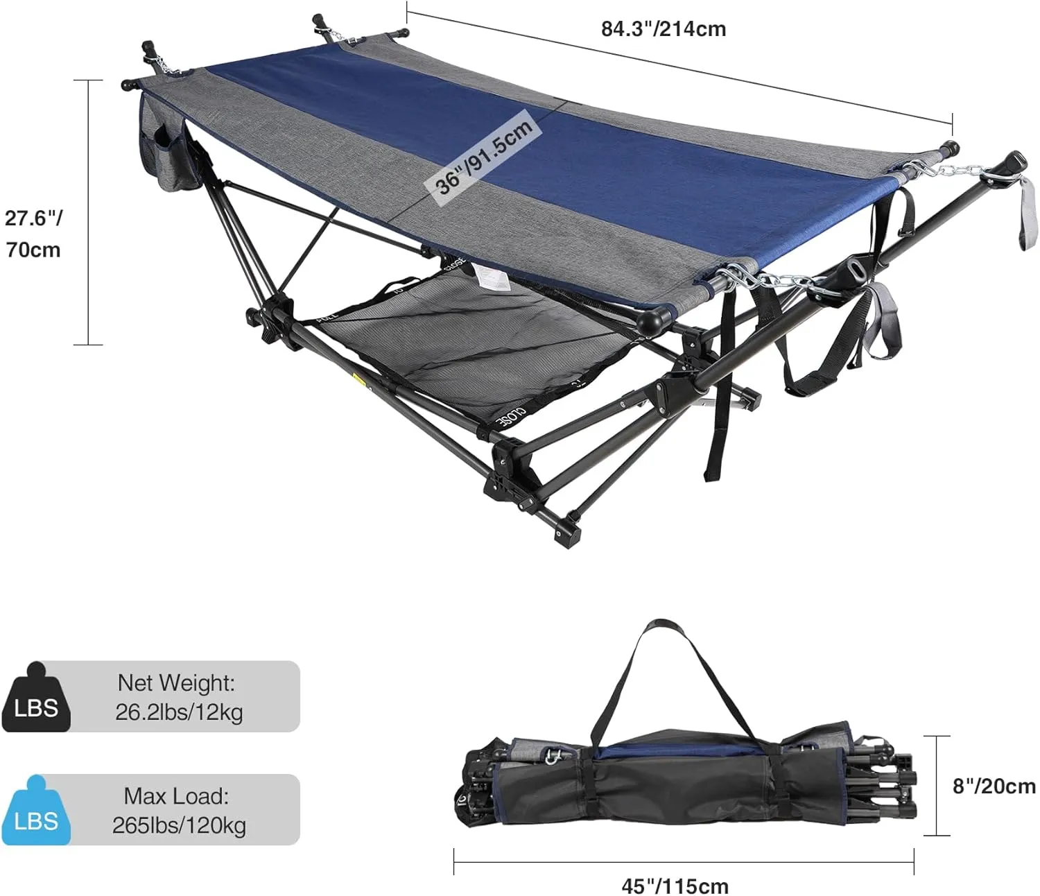 RedSwing Portable Folding Hammock with Stand,Foldable Camping Hammock with Removable Pillow,Storage Net,Portable Hammock with Stand Foldable for Outdoor,Backyard,Beach, 84 in Extra-Long