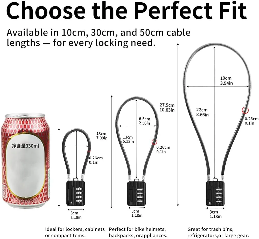 RESET-201 (2 Pack) 4 Digit Combination Padlock with 12 inch (30cm) Steel Cable,Cable Lock for Trash Can, Locker, Gym Locker, Luggage, Suitcase, Gun Case, Trigger,Helmet, 5mm Diameter, Black