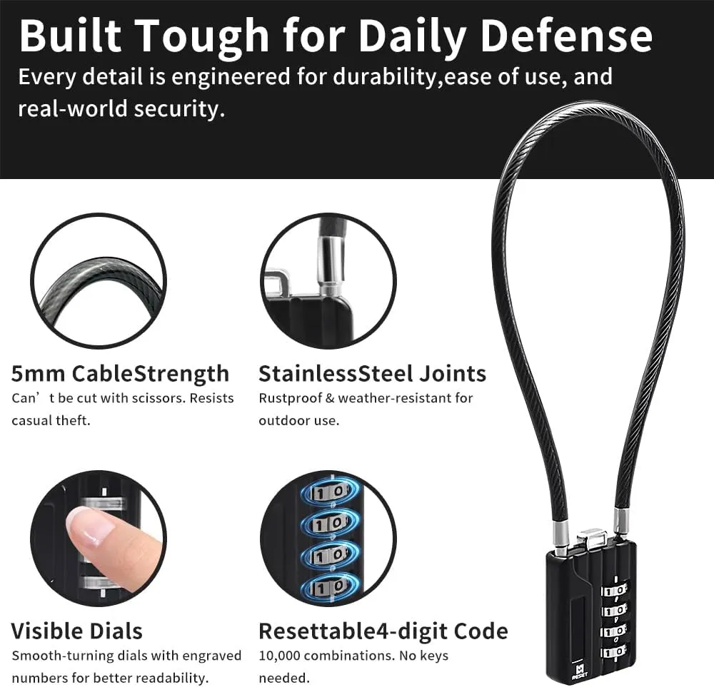 RESET-201 (2 Pack) 4 Digit Combination Padlock with 12 inch (30cm) Steel Cable,Cable Lock for Trash Can, Locker, Gym Locker, Luggage, Suitcase, Gun Case, Trigger,Helmet, 5mm Diameter, Black