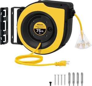Retractable Cord Reel, 75 FT Heavy Duty Extension Cord, 14AWG/3C SJTOW, 3 Grounded Outlets Lighted Triple Tap, 10A Circuit Breaker, Wall/Ceiling Mounted, UL Listed, Yellow Y75CR06