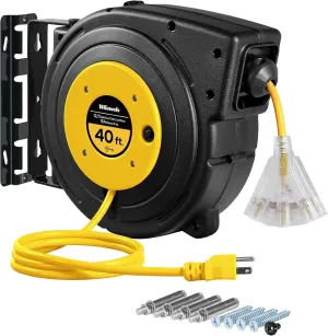 Retractable Extension Cord Reel, 40 FT Heavy Duty Power Cord, 12AWG/3C SJTOW, 3 Grounded Outlets Lighted Triple Tap, 15 Amp Circuit Breaker, UL Listed, Yellow Y40CR06
